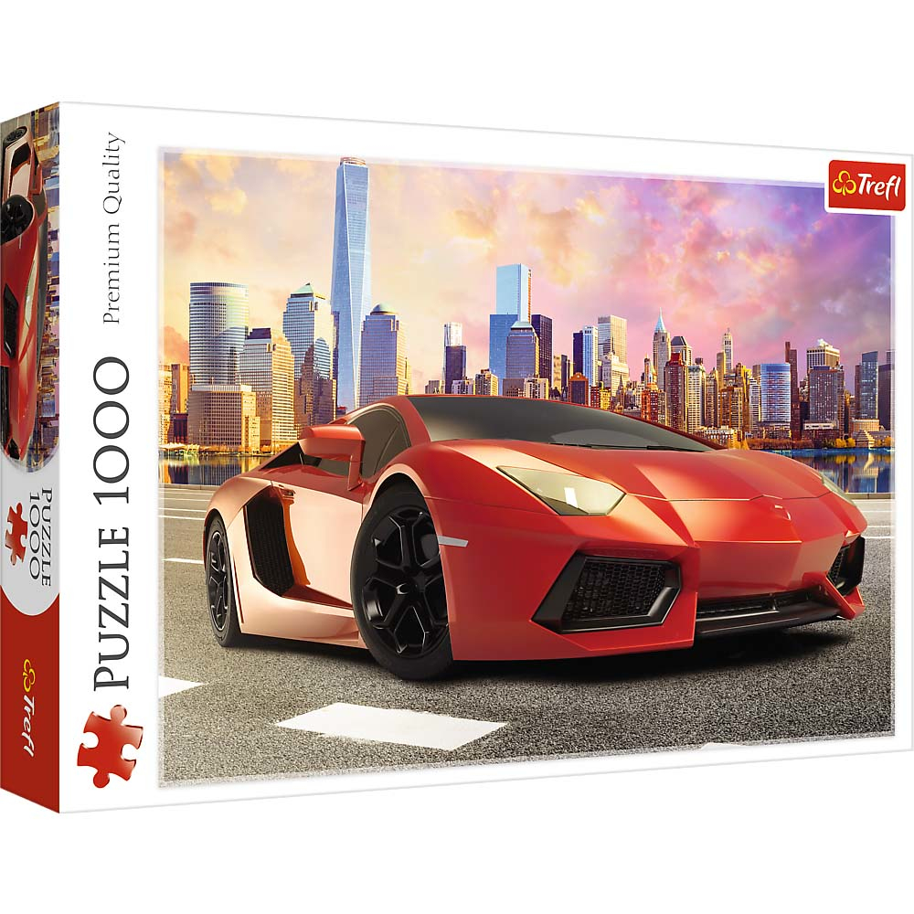 Une voiture de sport rouge sur une route, avec une skyline en arrière-plan. La boîte du puzzle montre la voiture et la ville.