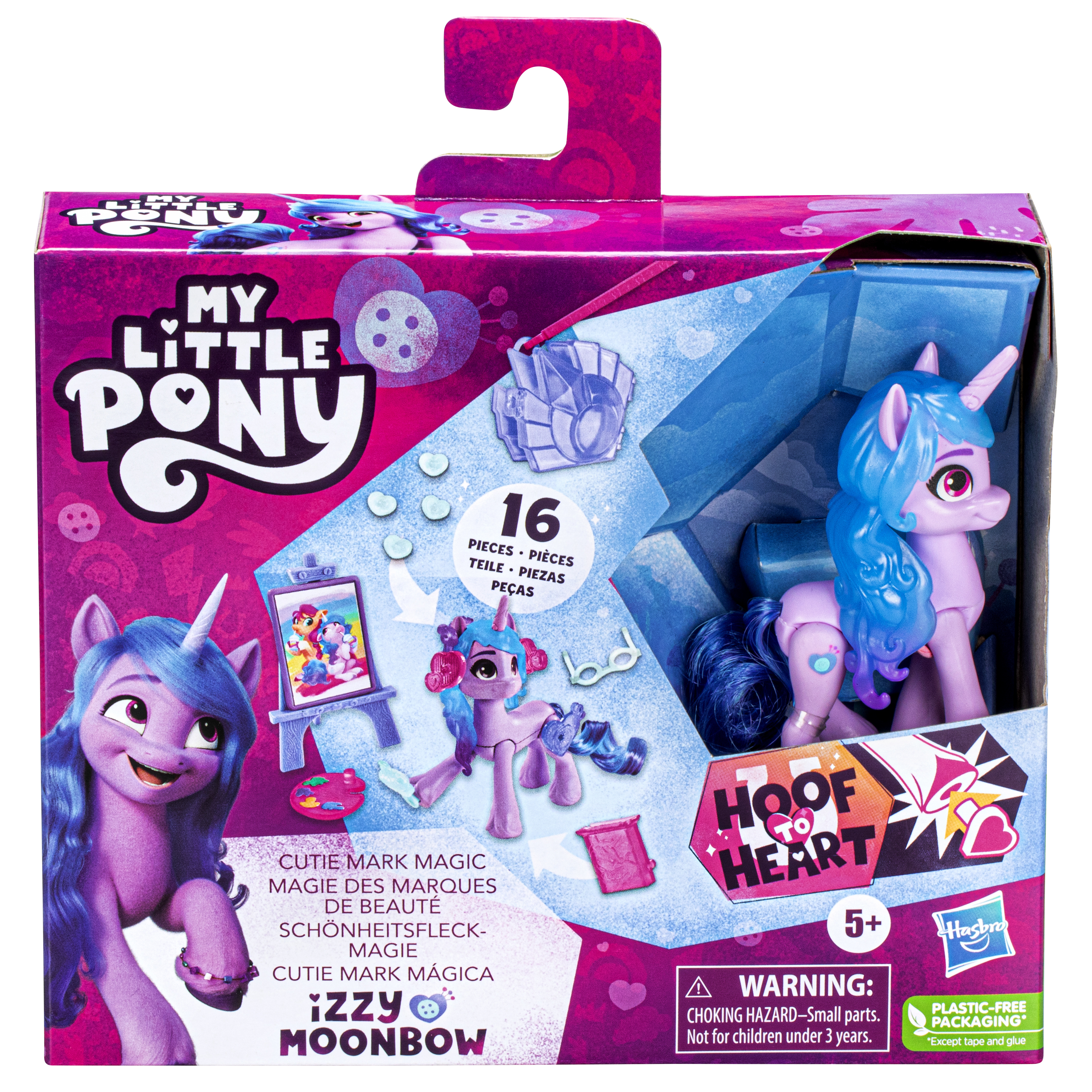 Scatola del giocattolo My Little Pony. Presenta il pony Izzy Moonbow, accessori e testo in più lingue.