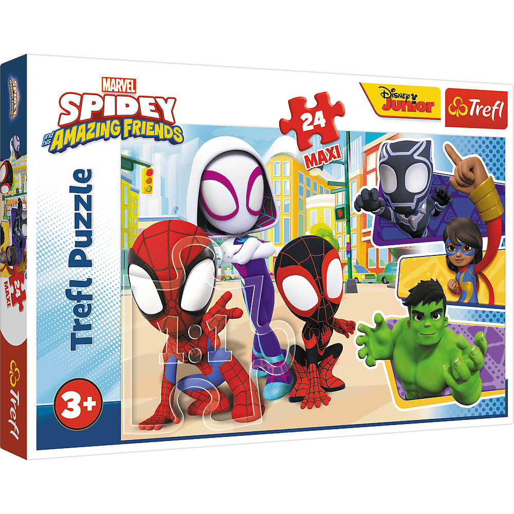 Pudełko z puzzlami Spidey i jego Niesamowitych Przyjaciół. Zawiera Spider-Mana, Spider-Gwen, Miles Morales, Czarną Panterę, Ms. Marvel i Hulka.