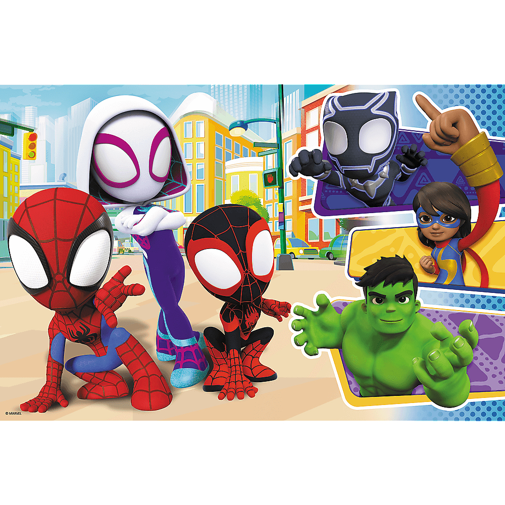 Postacie Marvela: Spider-Man, Spider-Gwen, Miles Morales, Czarna Pantera, Ms. Marvel i Hulk w miejskiej scenerii.