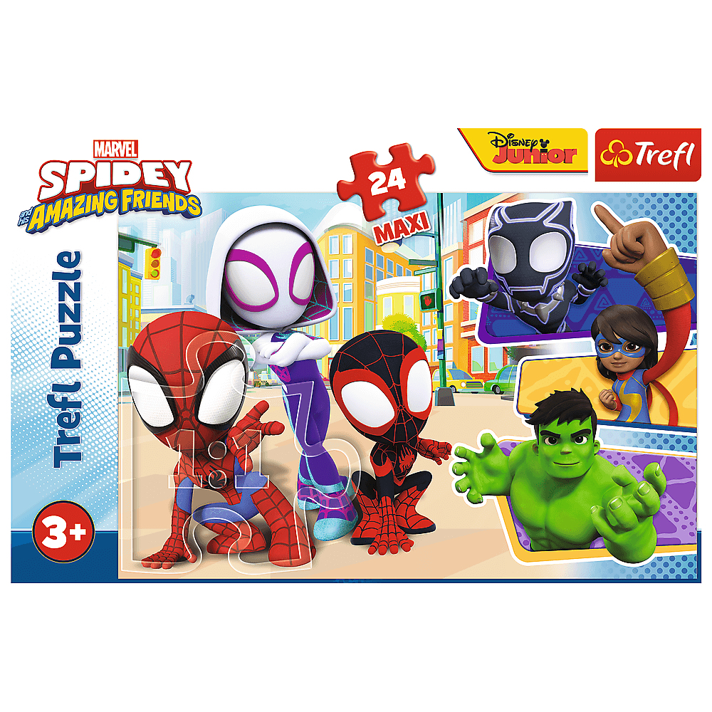 Puzzle z postaciami Spider-Mana i Hulka. Zawiera Spider-Mana, Ghost-Spider i Miles Morales na tle miasta.