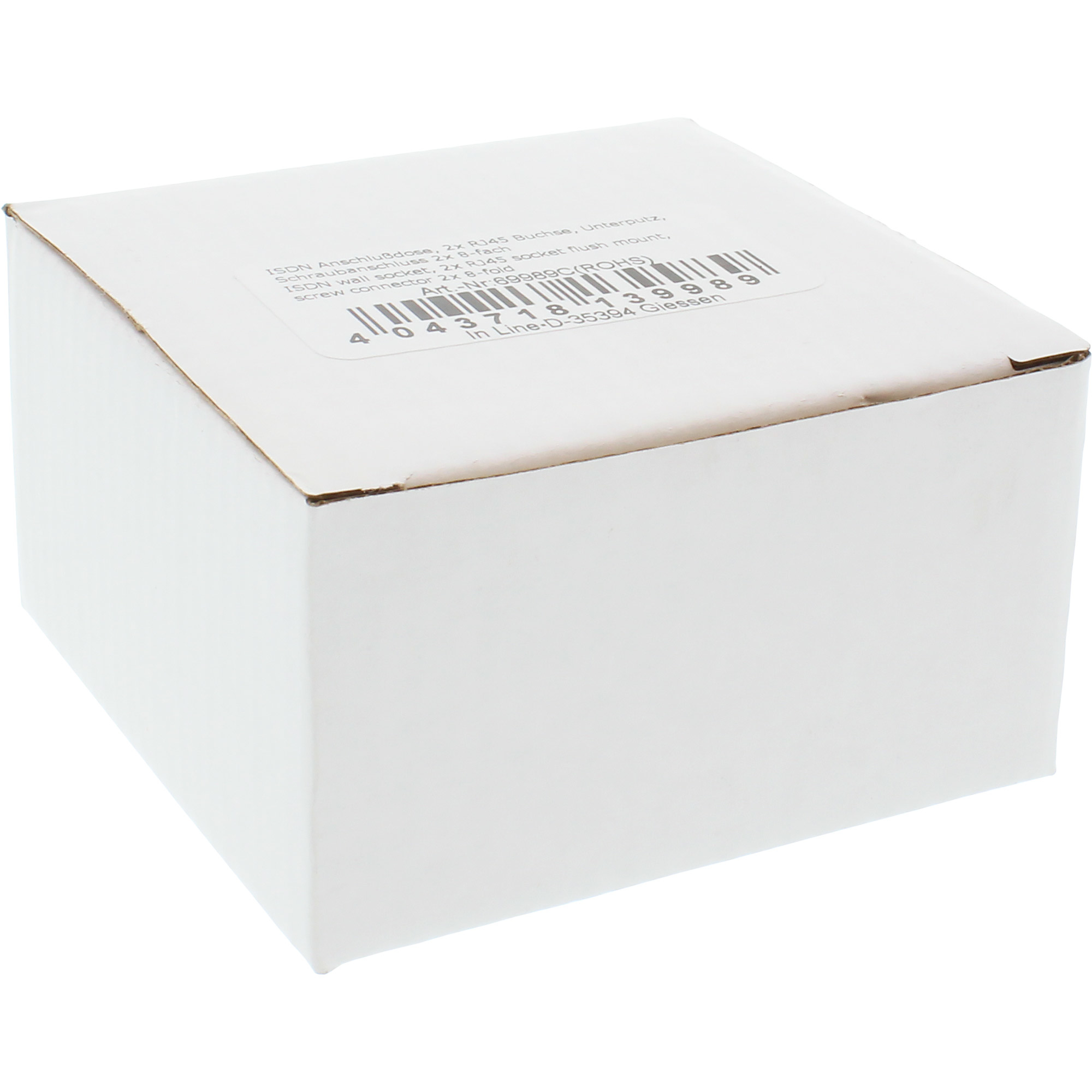 Ein weißer Karton mit Text und Barcode auf weißem Hintergrund. Die Box ist leicht angewinkelt.