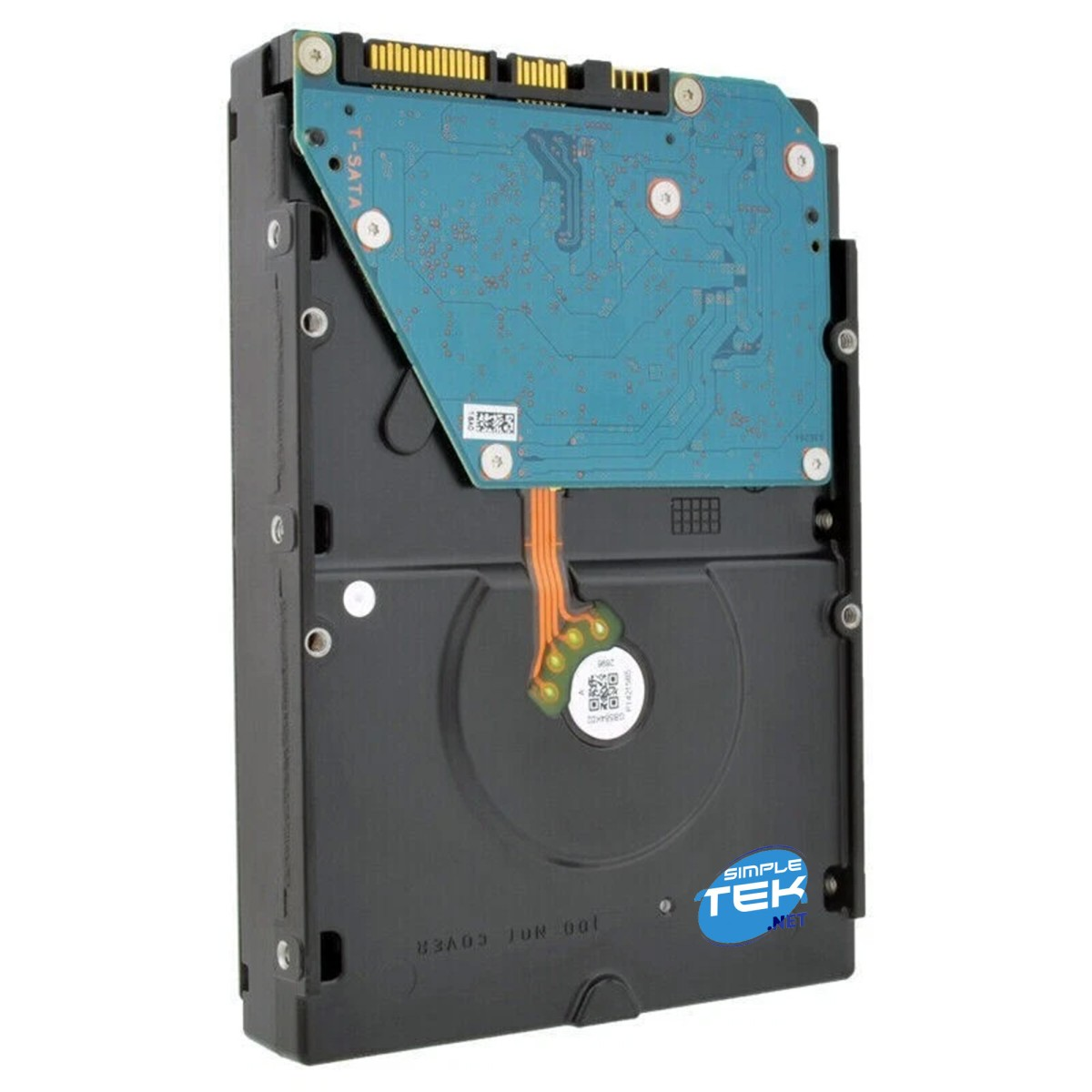 Dysk twardy z niebieską płytką obwodu. Dysk ma czarną obudowę i logo Simple Tek.