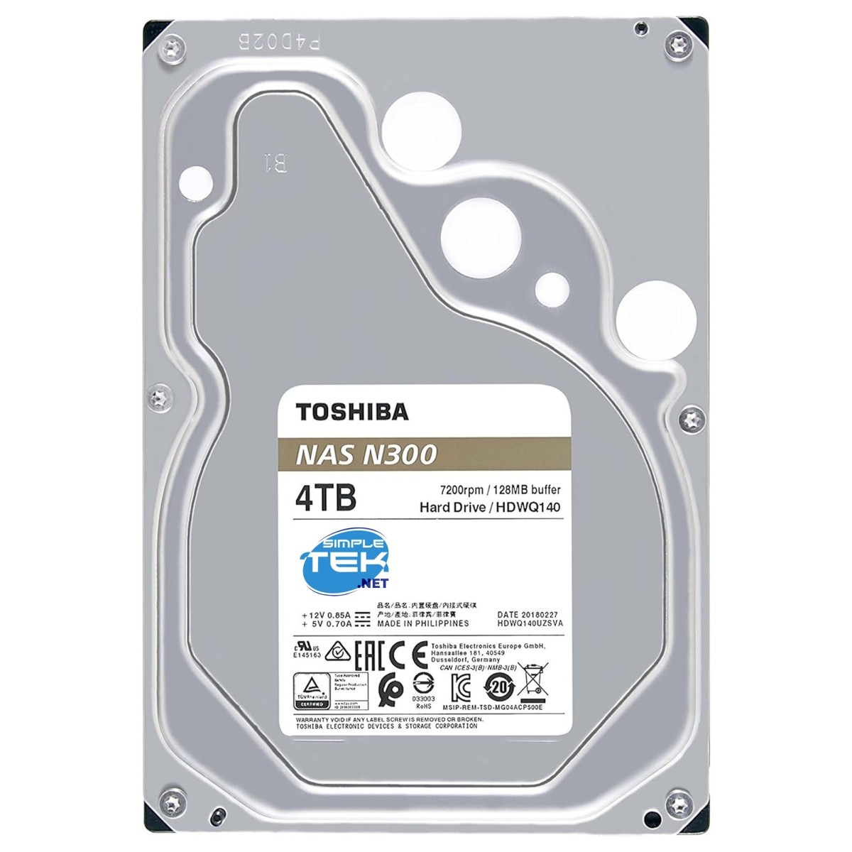 Dysk twardy Toshiba NAS N300 4TB. Srebrna obudowa ze szczegółami etykiety. Tekst zawiera specyfikacje modelu i logo SimpleTek.