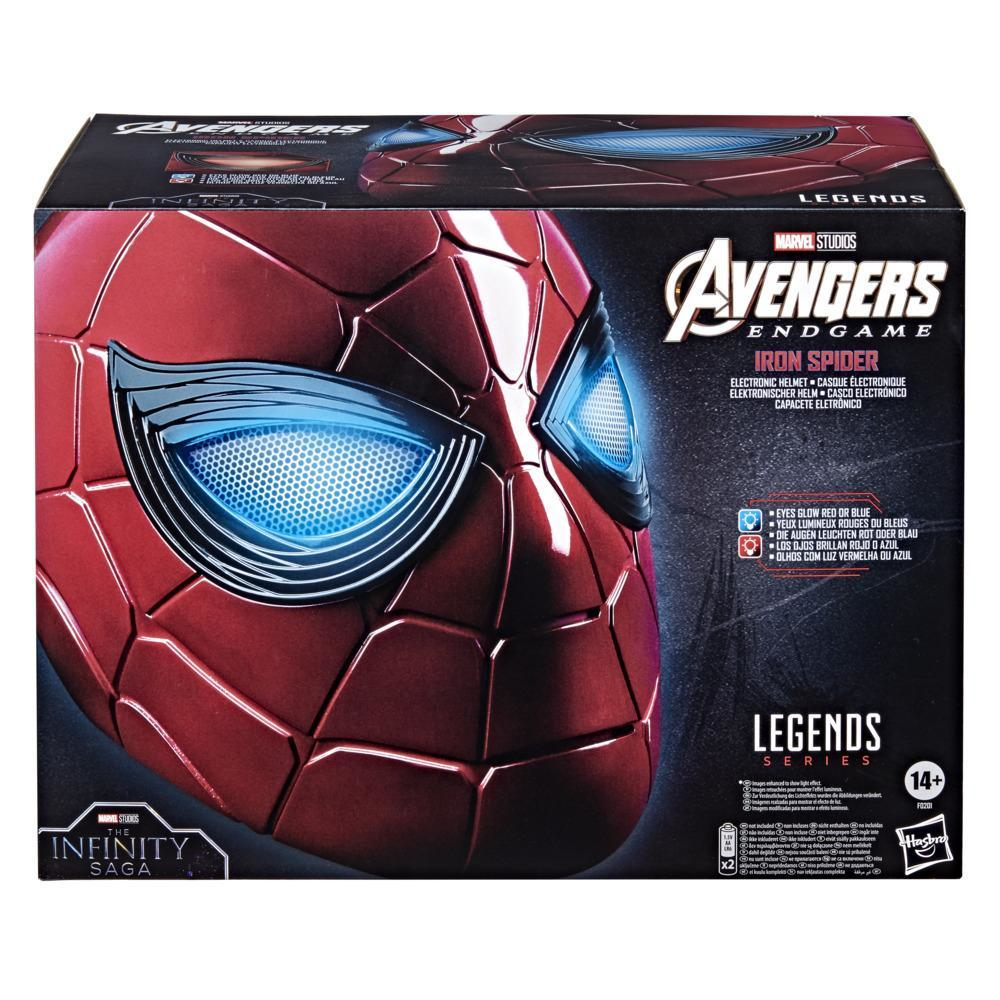 Arte de caja para un casco de Iron Spider. Tiene un diseño rojo y negro. El texto incluye "Avengers Endgame" y "Legends Series".