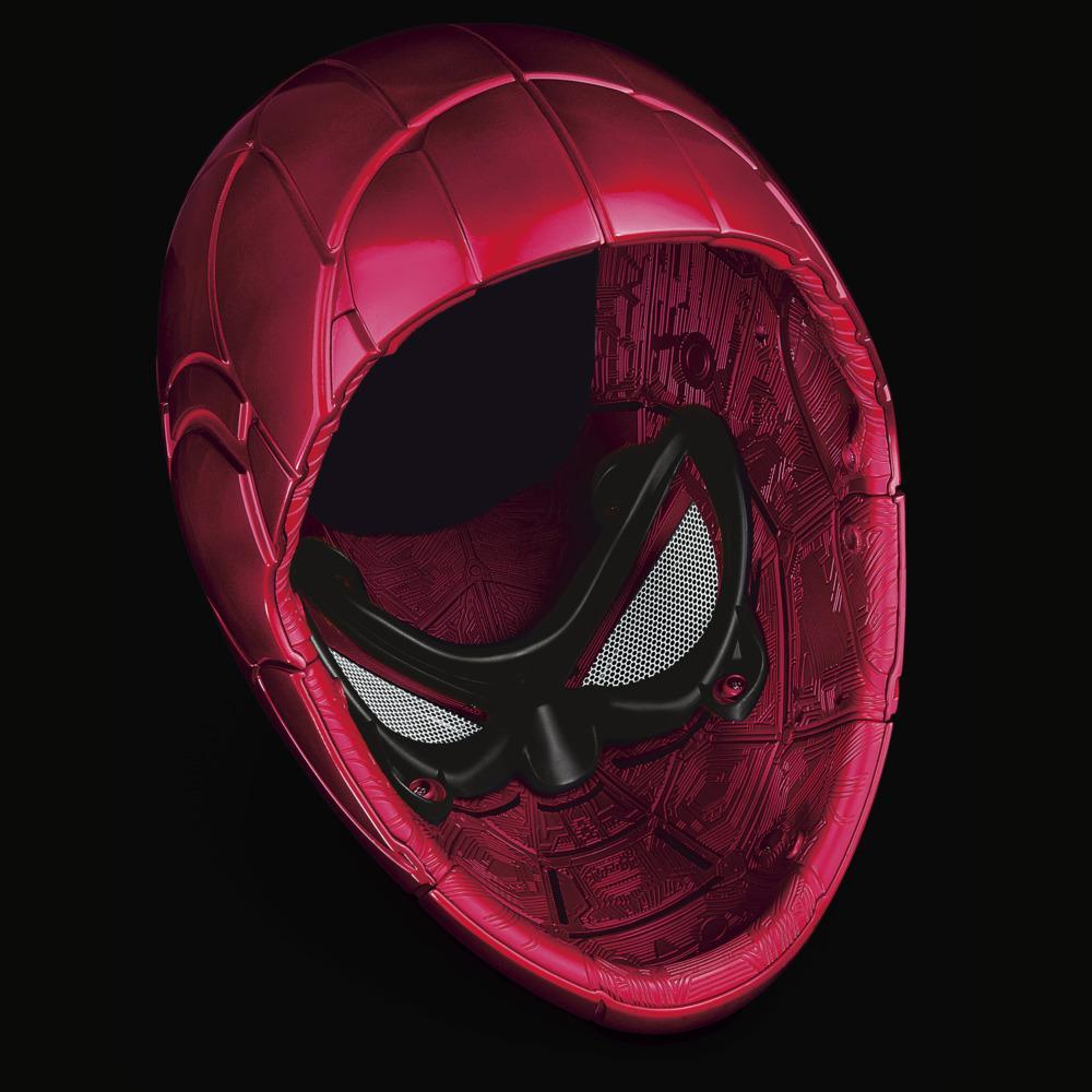 Una máscara roja de Spider-Man se muestra sobre un fondo negro. El interior y las zonas de los ojos de la máscara son negros.