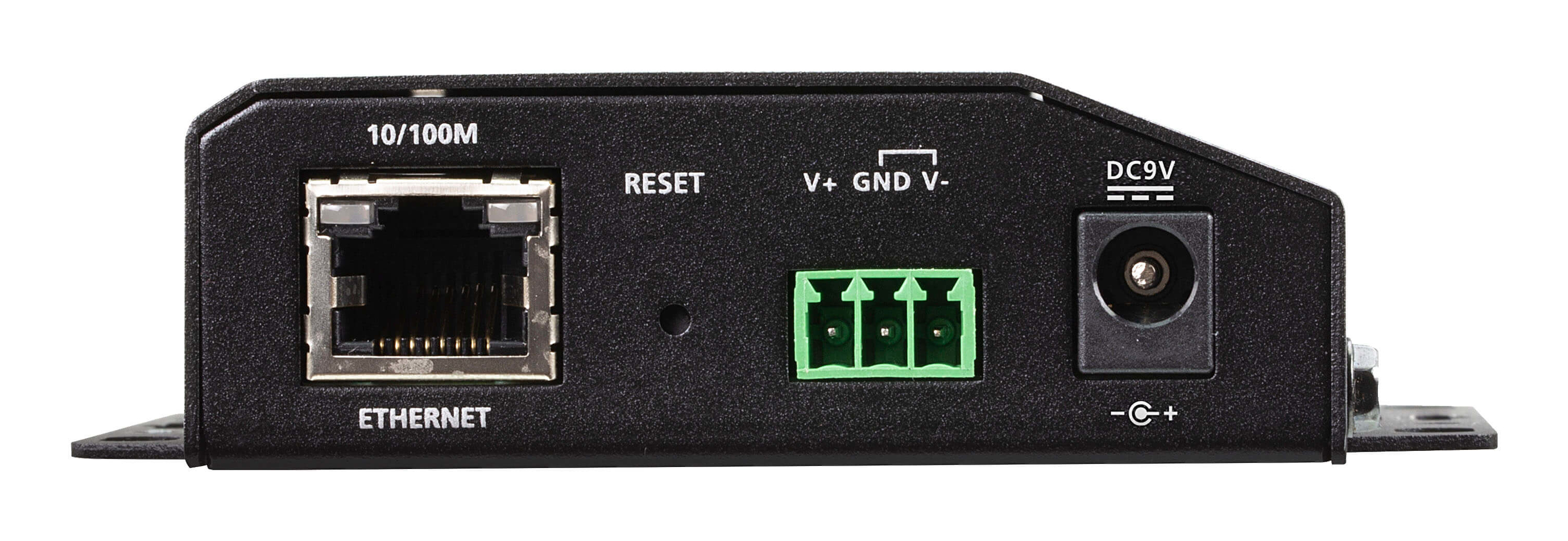 Appareil électronique noir avec port Ethernet, bouton de réinitialisation et entrée d'alimentation DC9V. Il a des connecteurs et des étiquettes verts.