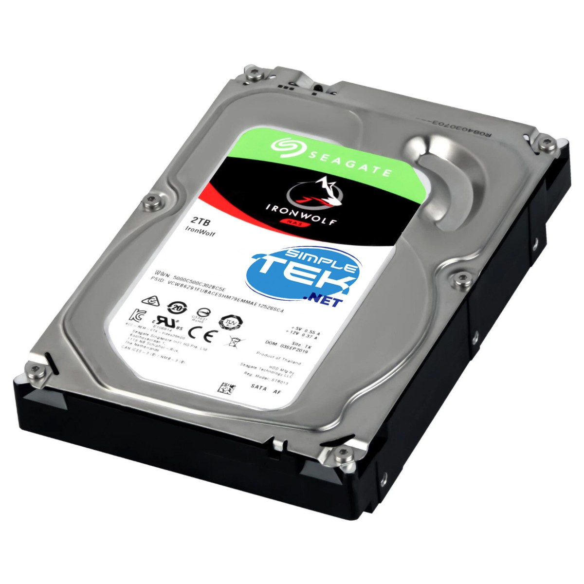 Dysk twardy Seagate IronWolf 2TB. Ma metalicznie srebrny wierzch i czarne boki. Na etykiecie widoczne są logo i tekst.