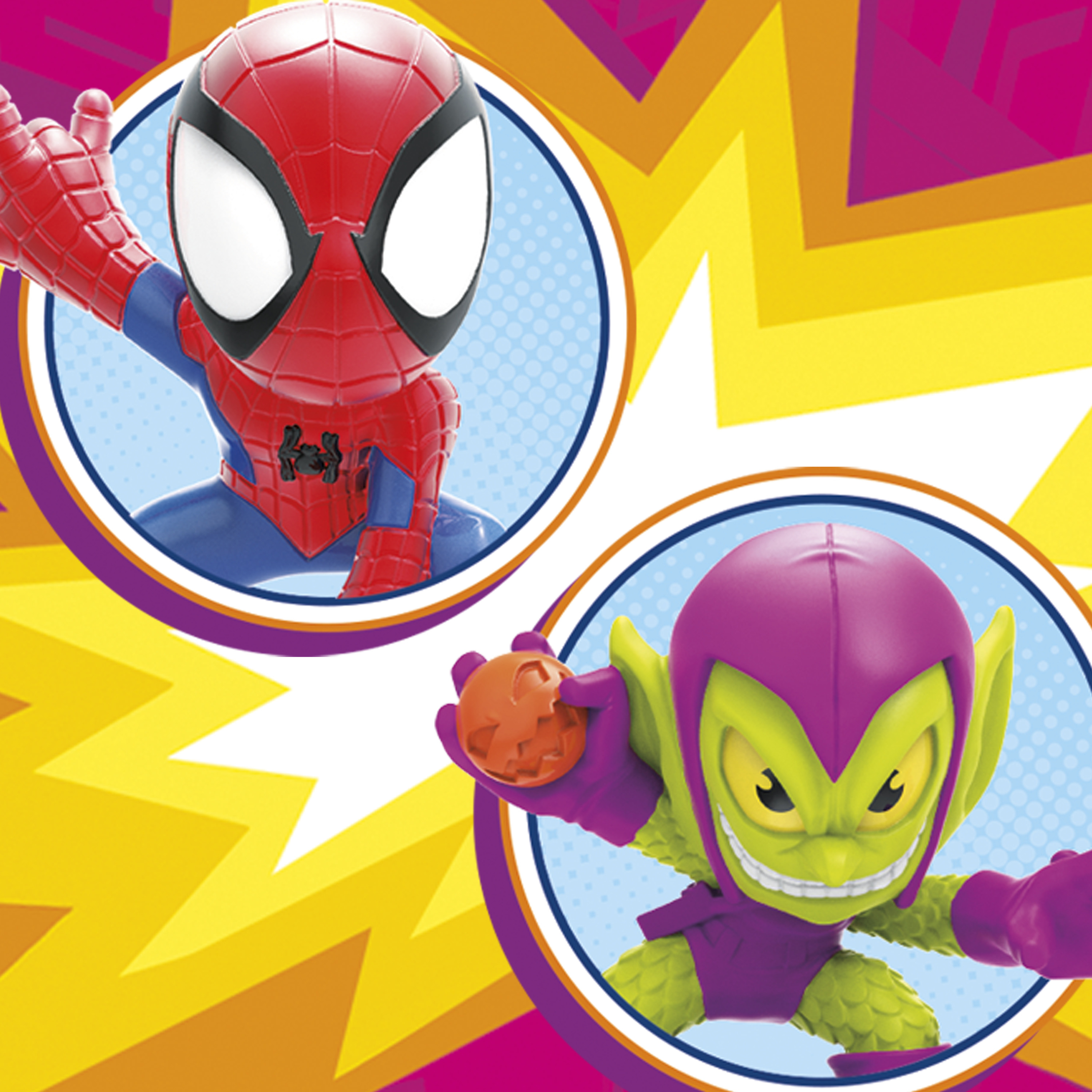 Figuras de Spider-Man y Duende Verde en círculos, sobre un fondo amarillo y naranja con explosiones.