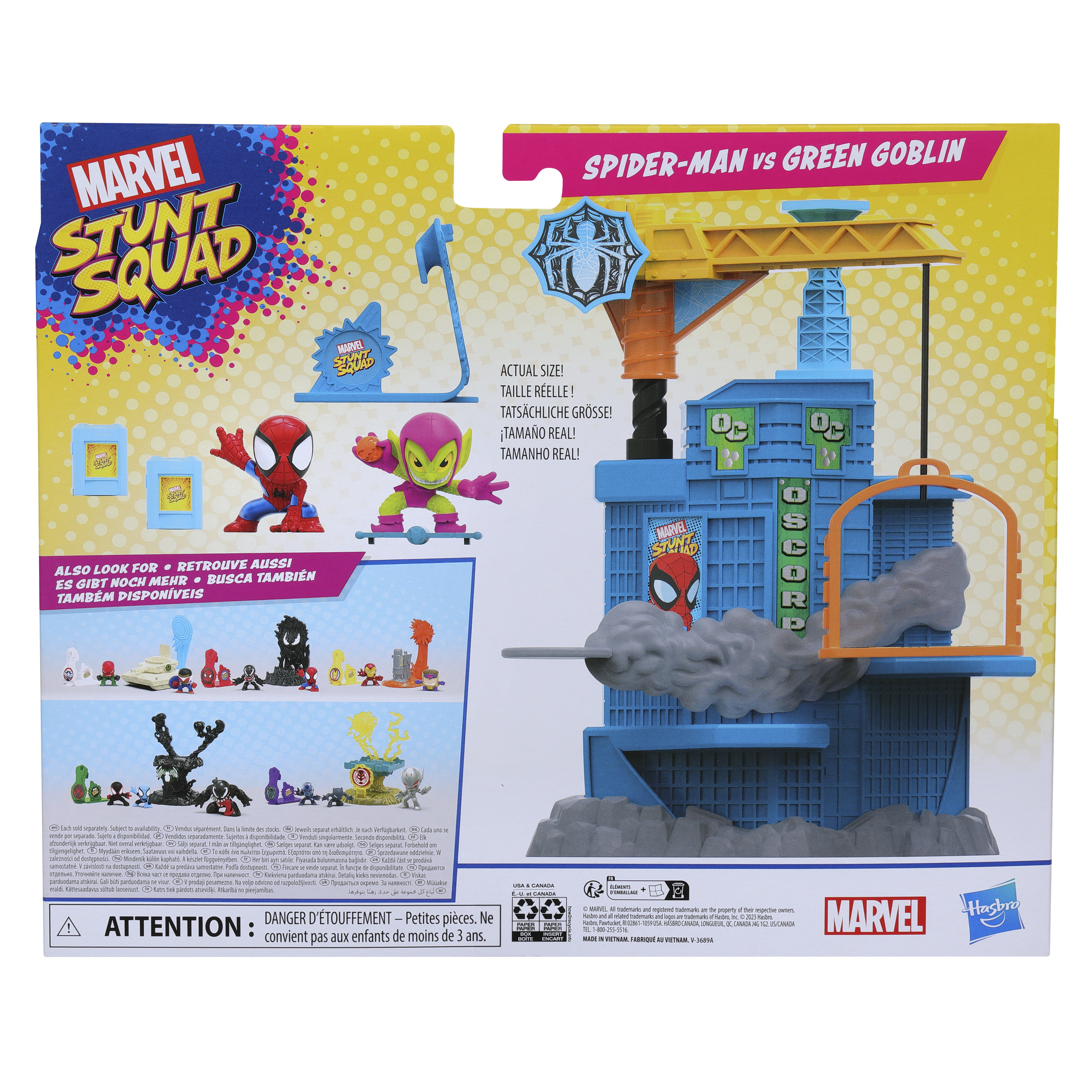 El arte de la caja muestra los juguetes de Spider-Man y Green Goblin. El conjunto está tematizado como un juego de acrobacias.