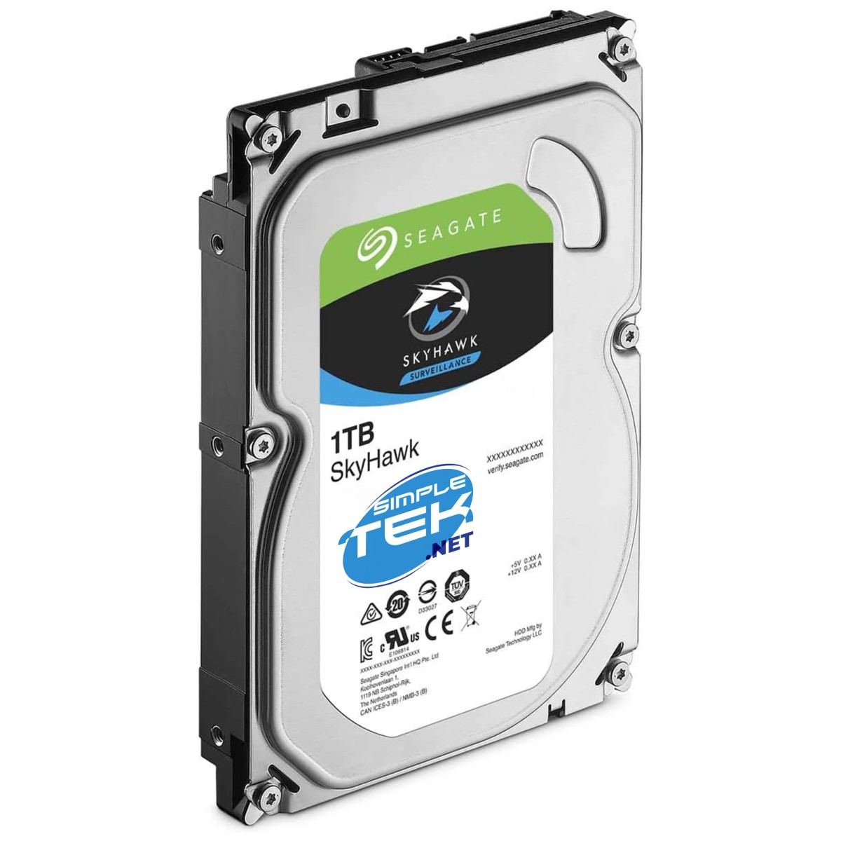 Dysk twardy Seagate SkyHawk 1TB. Posiada etykietę z logo Seagate, tekstem SkyHawk i Simple Tek. net. Dysk jest srebrny i czarny.