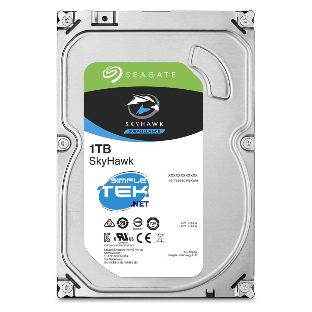 Dysk twardy Seagate SkyHawk 1 TB. Posiada zielono-czarną etykietę z nazwą marki i informacjami o produkcie. Napęd jest srebrny.