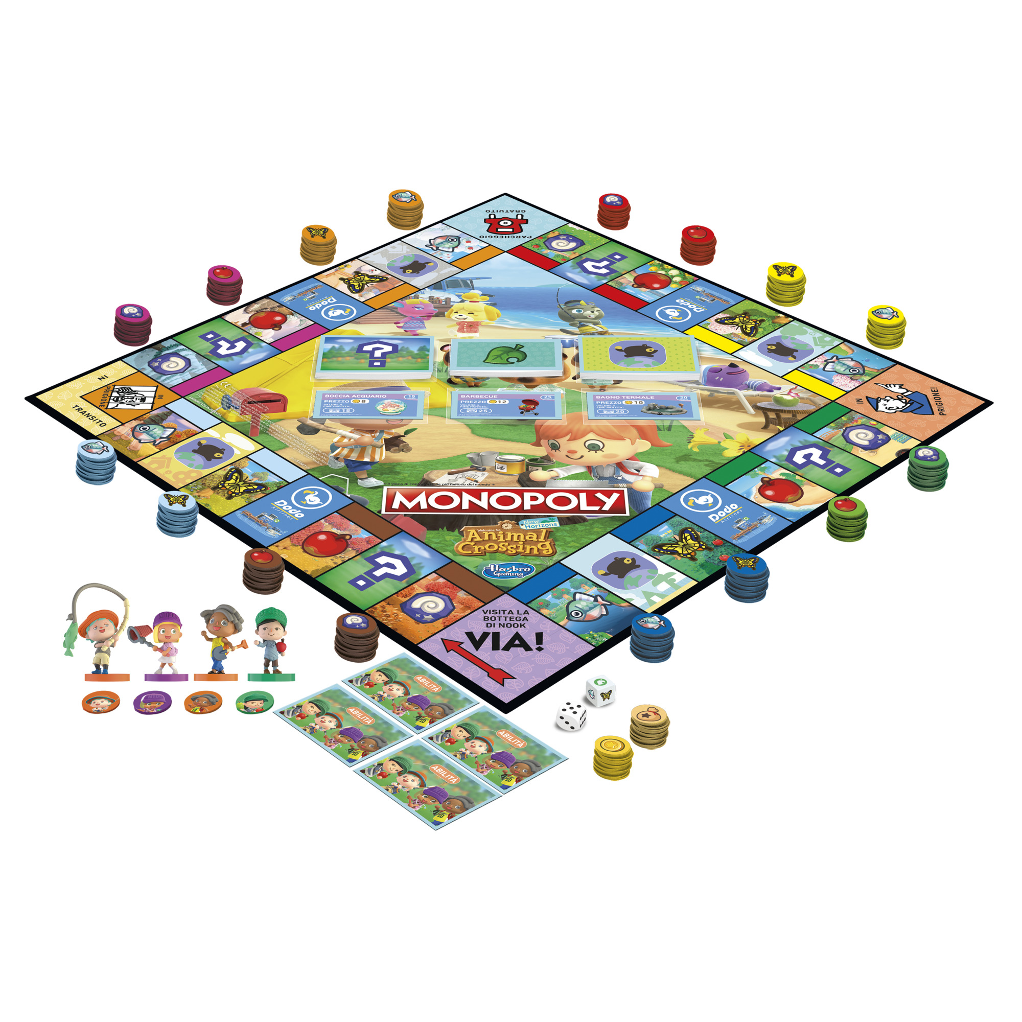 Gra planszowa Monopoly z postaciami z Animal Crossing. Widoczne pionki, karty i kostki, z postaciami i scenami z wysp.