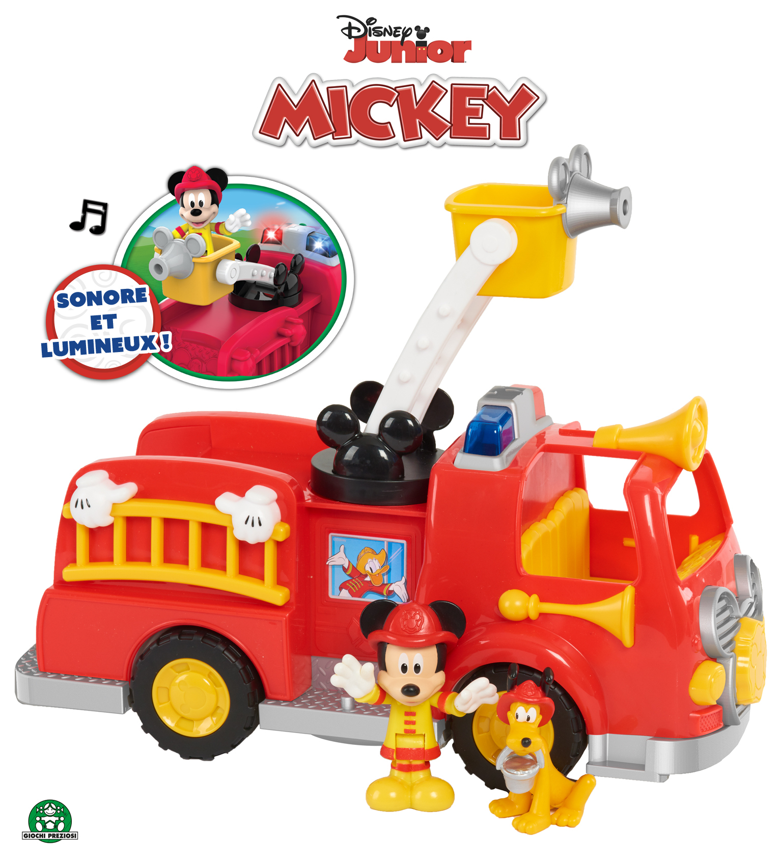 Zabawka wóz strażacki Mickey Mouse. Obecne są figurki Myszki Miki i Pluto. Ciężarówka jest czerwona i ma żółtą drabinę. Okrągła wstawka pokazuje Mickey.