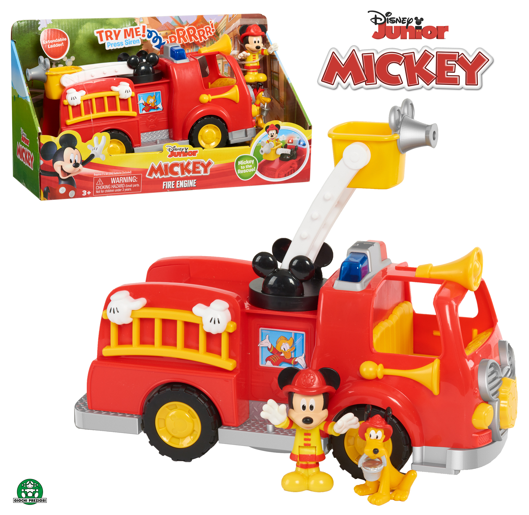 Czerwona zabawka wóz strażacki Myszki Miki z figurkami Myszki Miki i Pluto. Pudełko jest widoczne w tle.