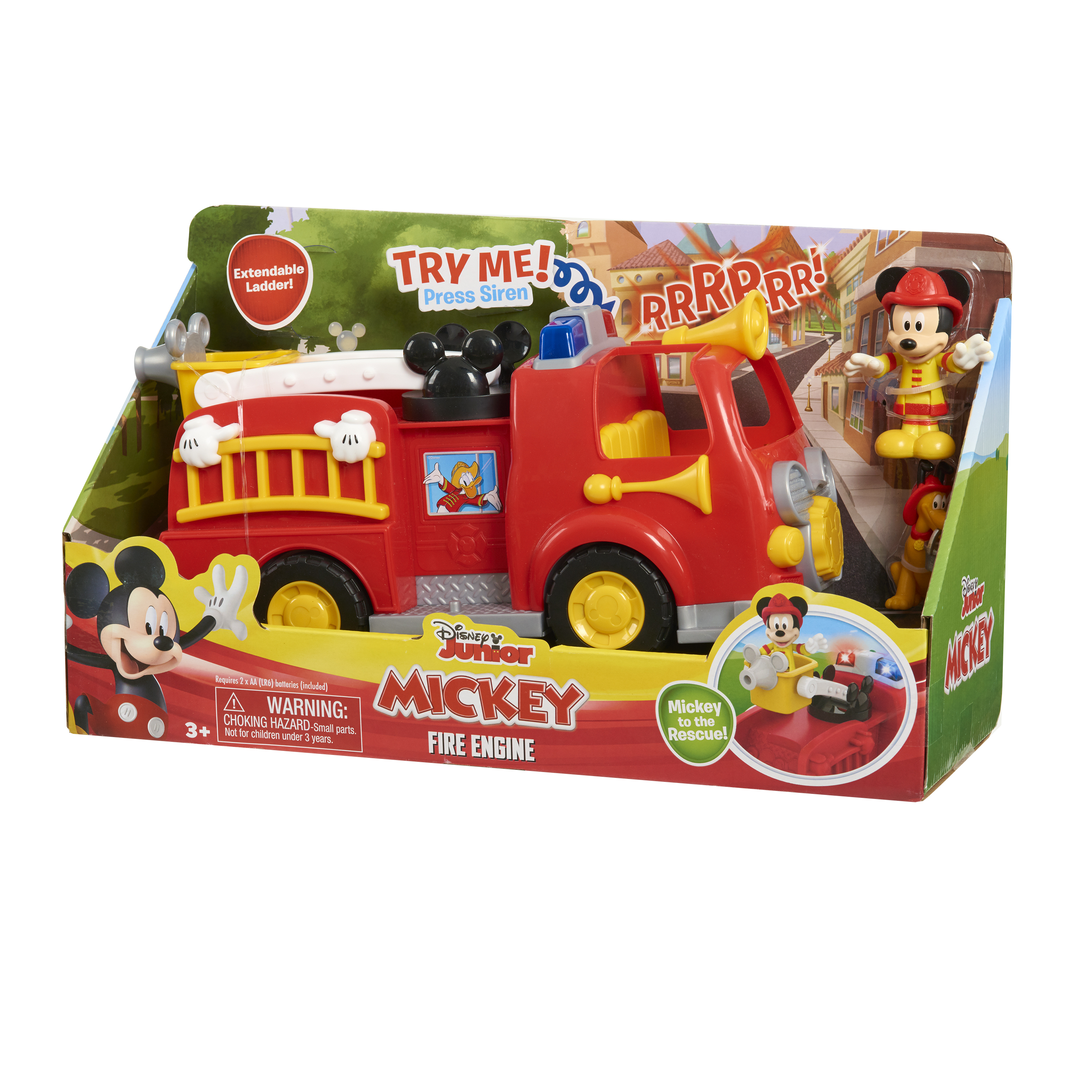 Zabawkowy wóz strażacki Myszki Miki w pudełku. Ma czerwony wóz strażacki, figurki Myszki Miki i Pluto.
