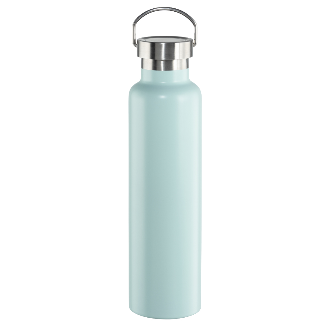 Eine hellblaue Wasserflasche mit silbernem Deckel und Griff. Die Flasche ist zylindrisch und steht aufrecht vor weißem Hintergrund.
