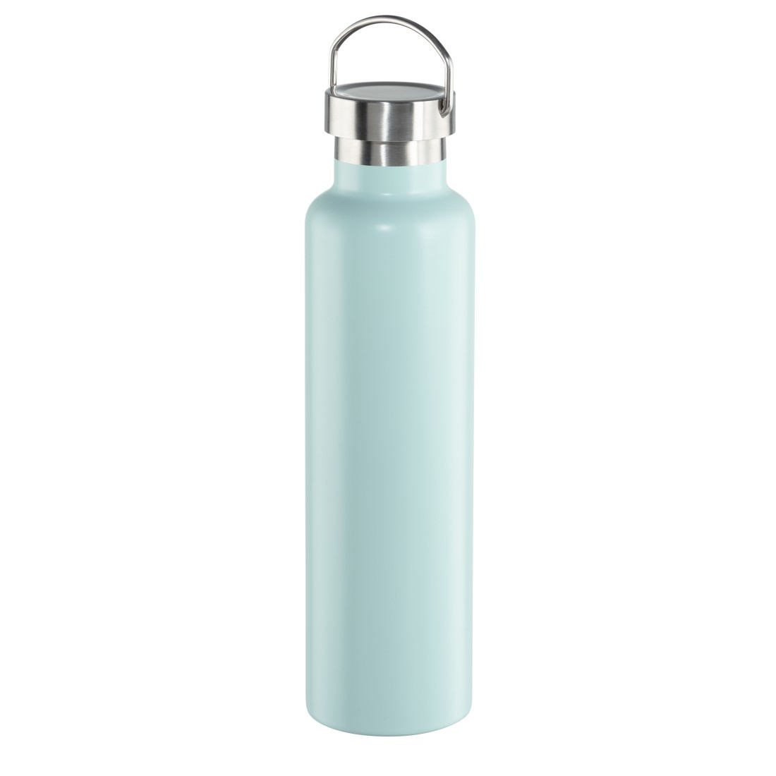 Eine hellblaue Wasserflasche mit silbernem Deckel und Griff. Die Flasche ist zylindrisch und steht aufrecht. Weißer Hintergrund.