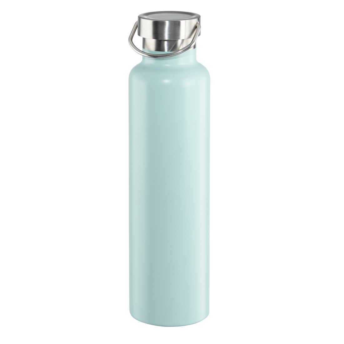 Eine hellblaue Wasserflasche mit silbernem Deckel und Griff. Der Hintergrund ist weiß.
