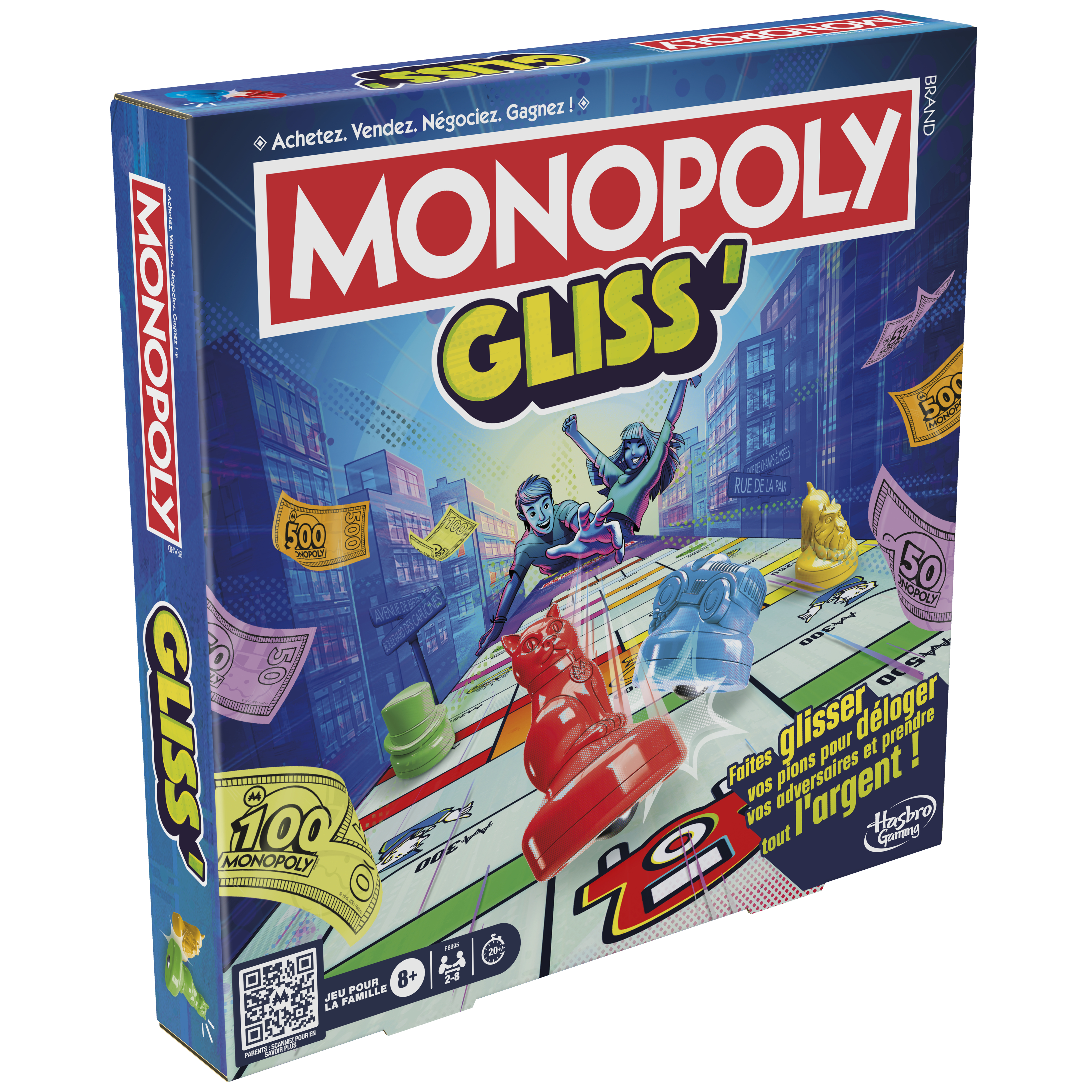 Monopoly Gliss Brettspielbox. Mit Spielfiguren, Geld und Stadtkulisse. Die Box ist farbenfroh.