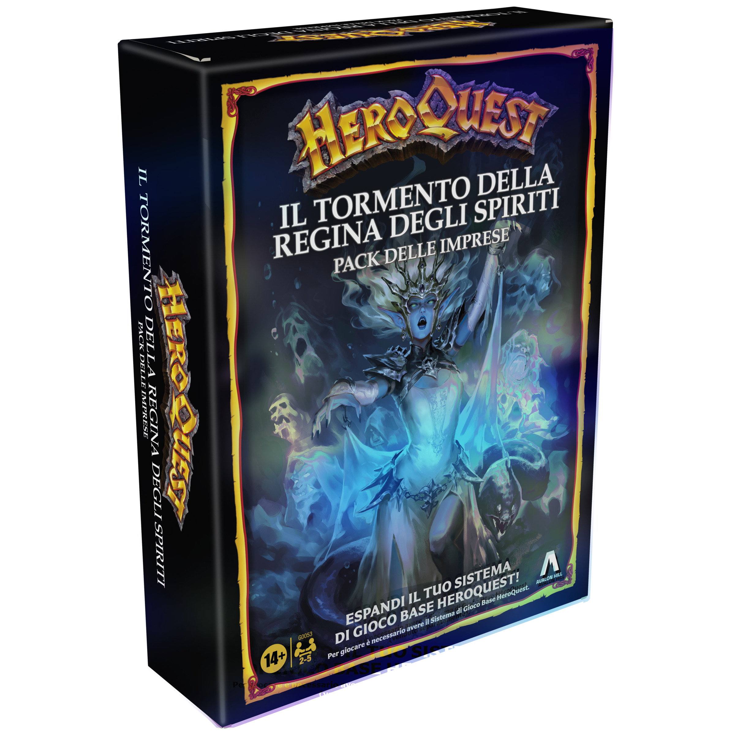 Schachtelkunst für die HeroQuest-Erweiterung. Eine Frau mit Krone und blaue ätherische Figuren. Text auf Italienisch.