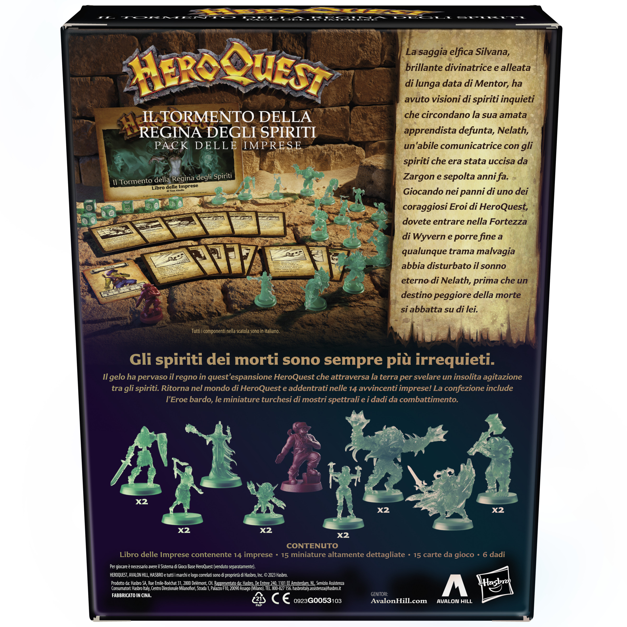 Schachtelkunst für die HeroQuest-Erweiterung. Sie zeigt Figuren, Text und Logos in Blau- und Brauntönen.