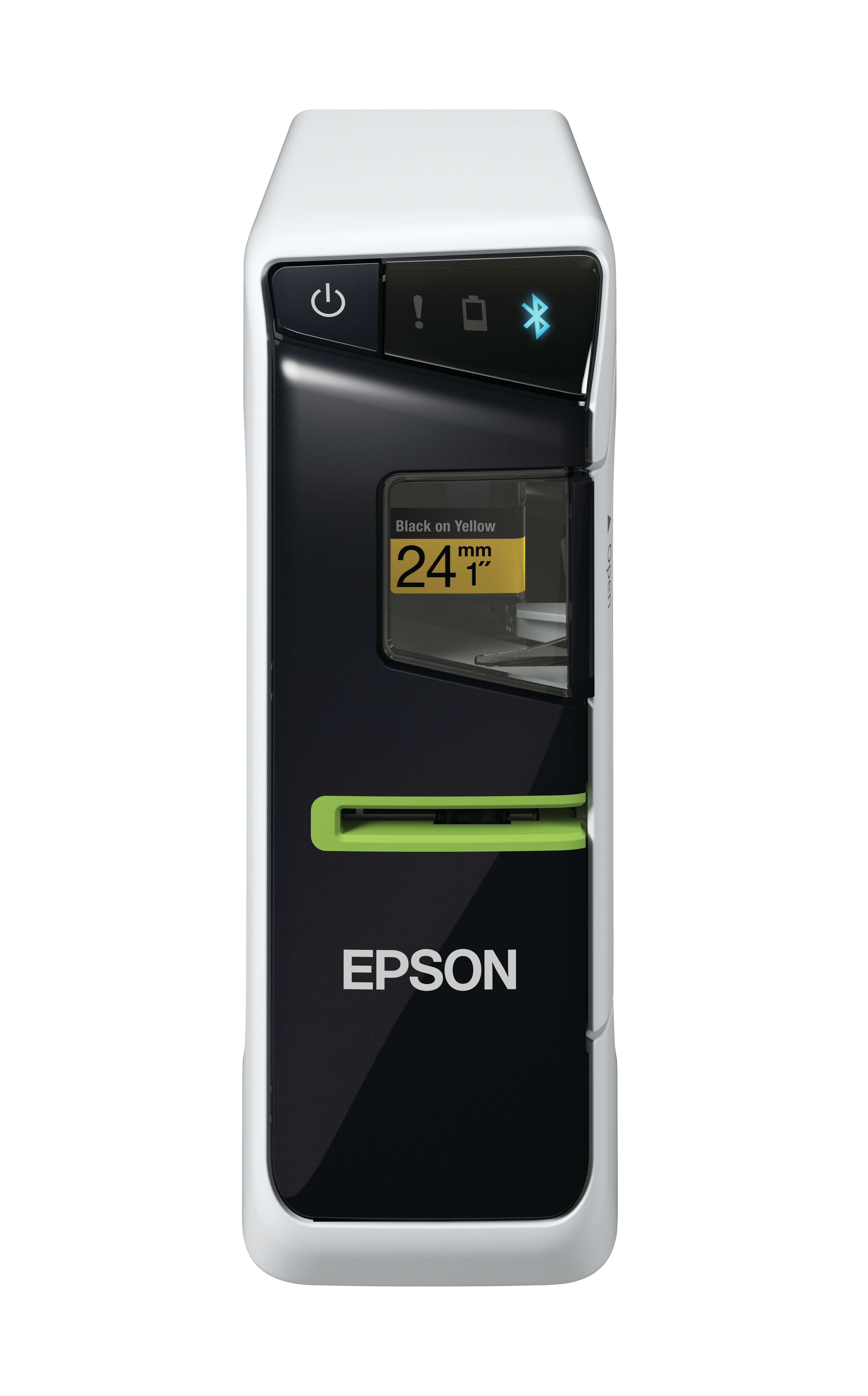 Ein weißer und schwarzer Epson-Etikettendrucker mit grünen Akzenten. Das Display zeigt schwarzen Text auf gelben Etiketten.
