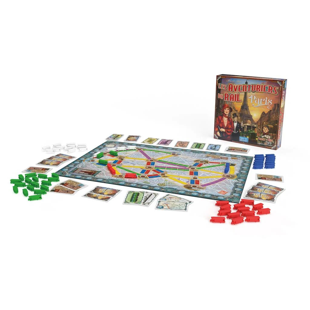 Brettspiel mit einer Karte von Paris, Spielsteinen, Karten und einer Box mit dem Titel 'Les Aventuriers du Rail Paris'.