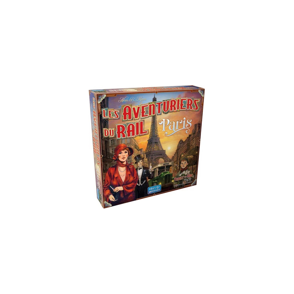 Schachtelkunst für 'Les Aventuriers du Rail Paris'. Zeigt eine Frau in Rot, den Eiffelturm und Oldtimer, in einer Pariser Szene.
