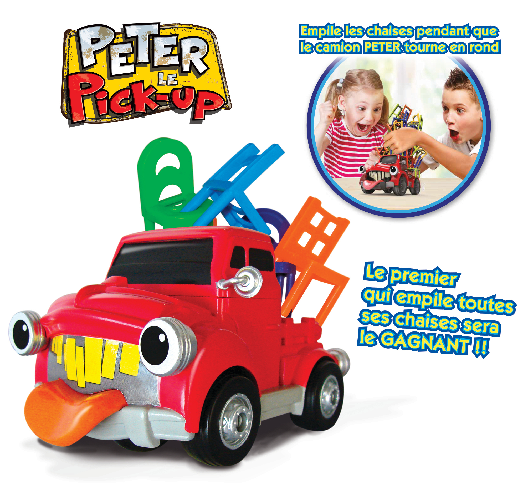 Czerwona zabawka ciężarówka z kolorowymi krzesłami, bawiące się dzieci, francuski tekst, logo 'Peter le Pick-Up'.