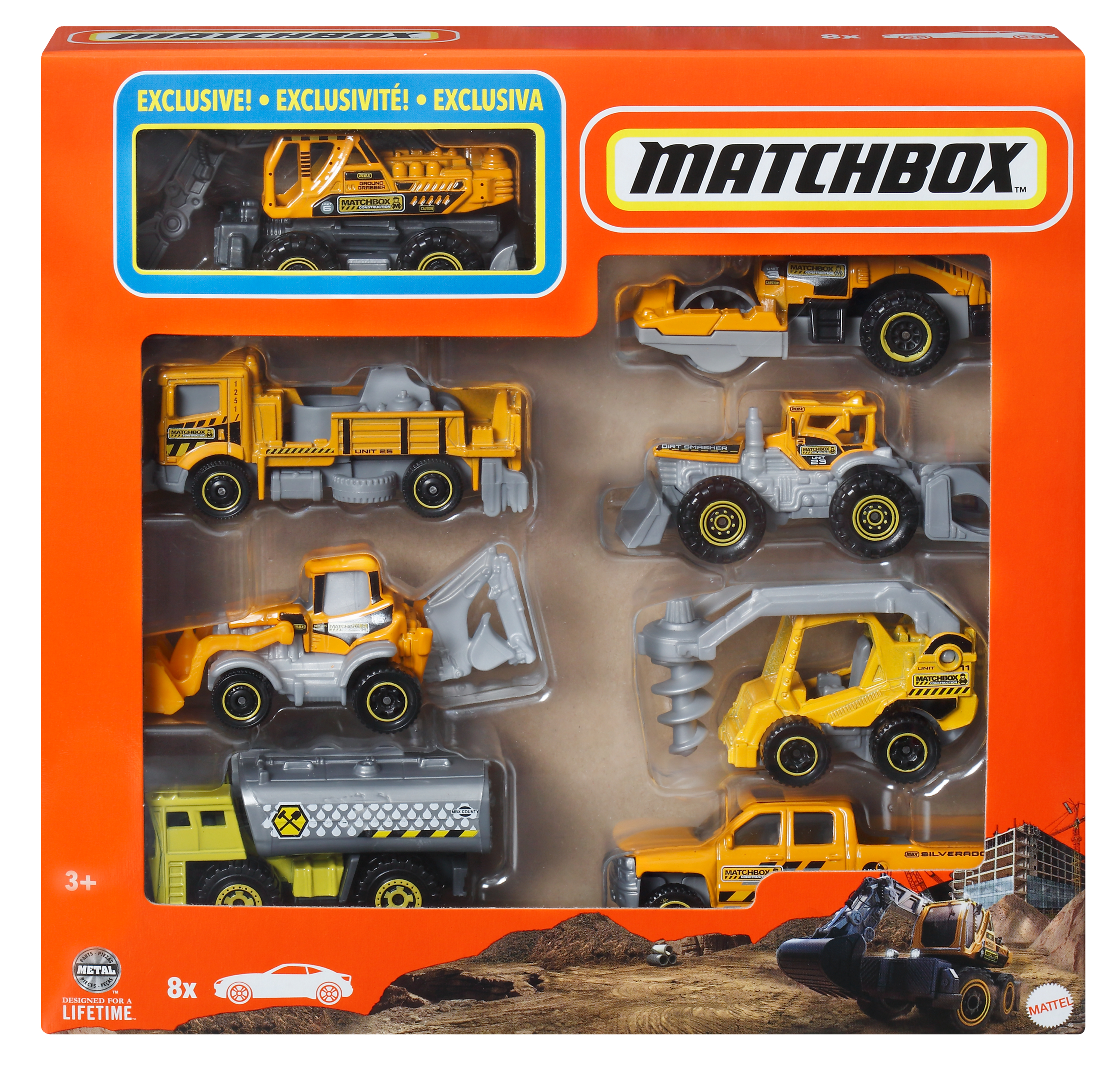 Un juego de vehículos de construcción Matchbox en una caja naranja. Muestra varios vehículos de juguete amarillos.