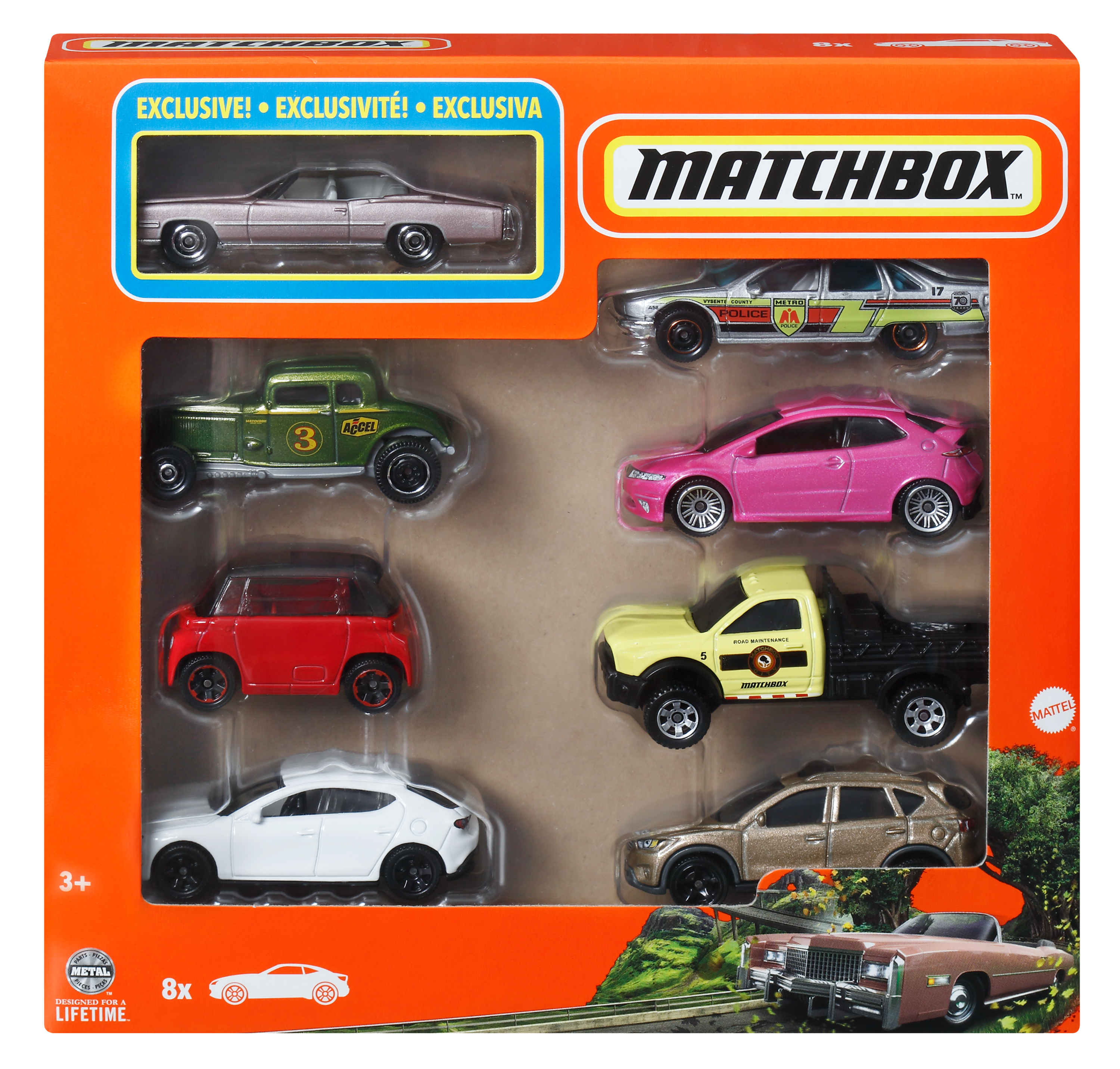 Un juego de coches Matchbox en embalaje naranja. Contiene ocho coches de juguete de varios colores y modelos. La caja dice '¡Exclusivo!'