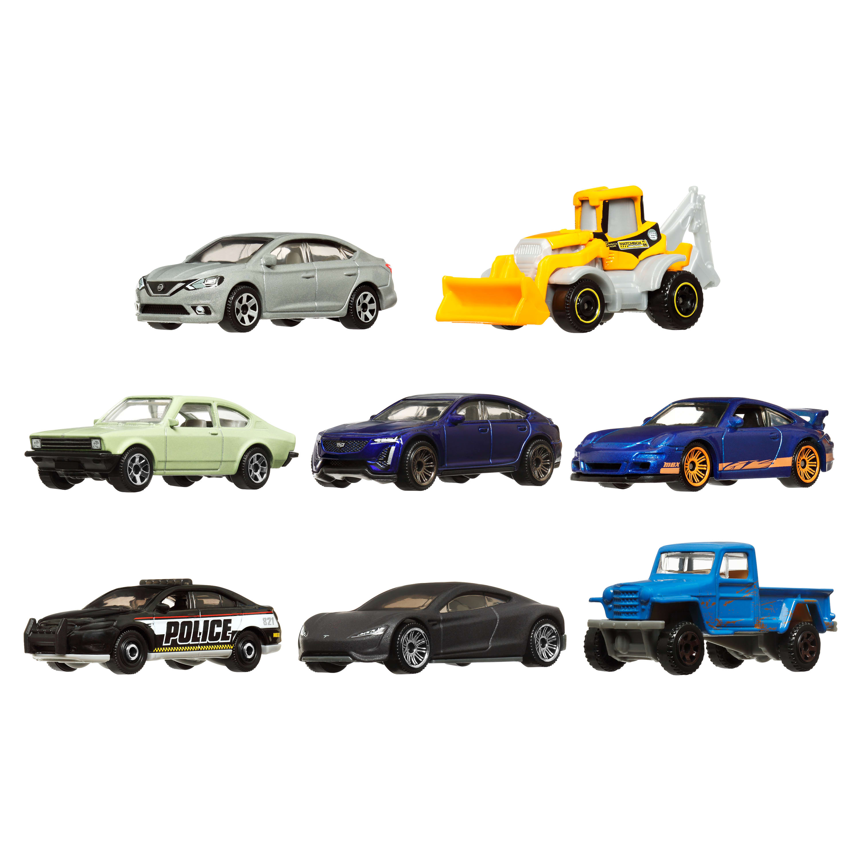 Nueve coches de juguete de diferentes colores y estilos están dispuestos sobre un fondo blanco.