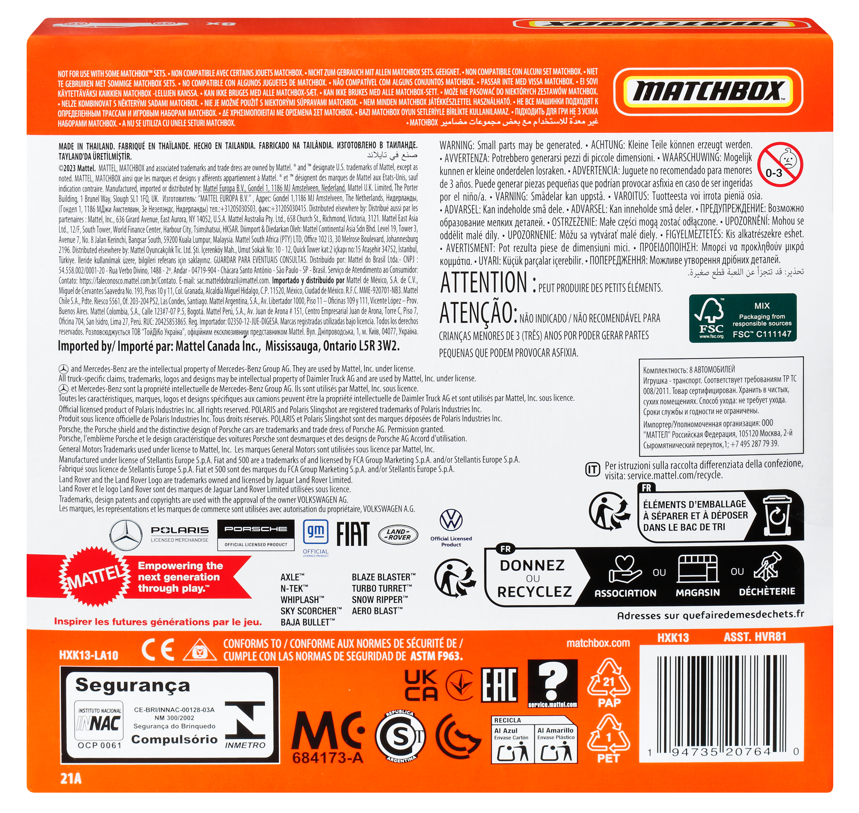 Caja de juguetes Matchbox, naranja con texto y logotipos, con símbolos de advertencia y rango de edad 0-3.
