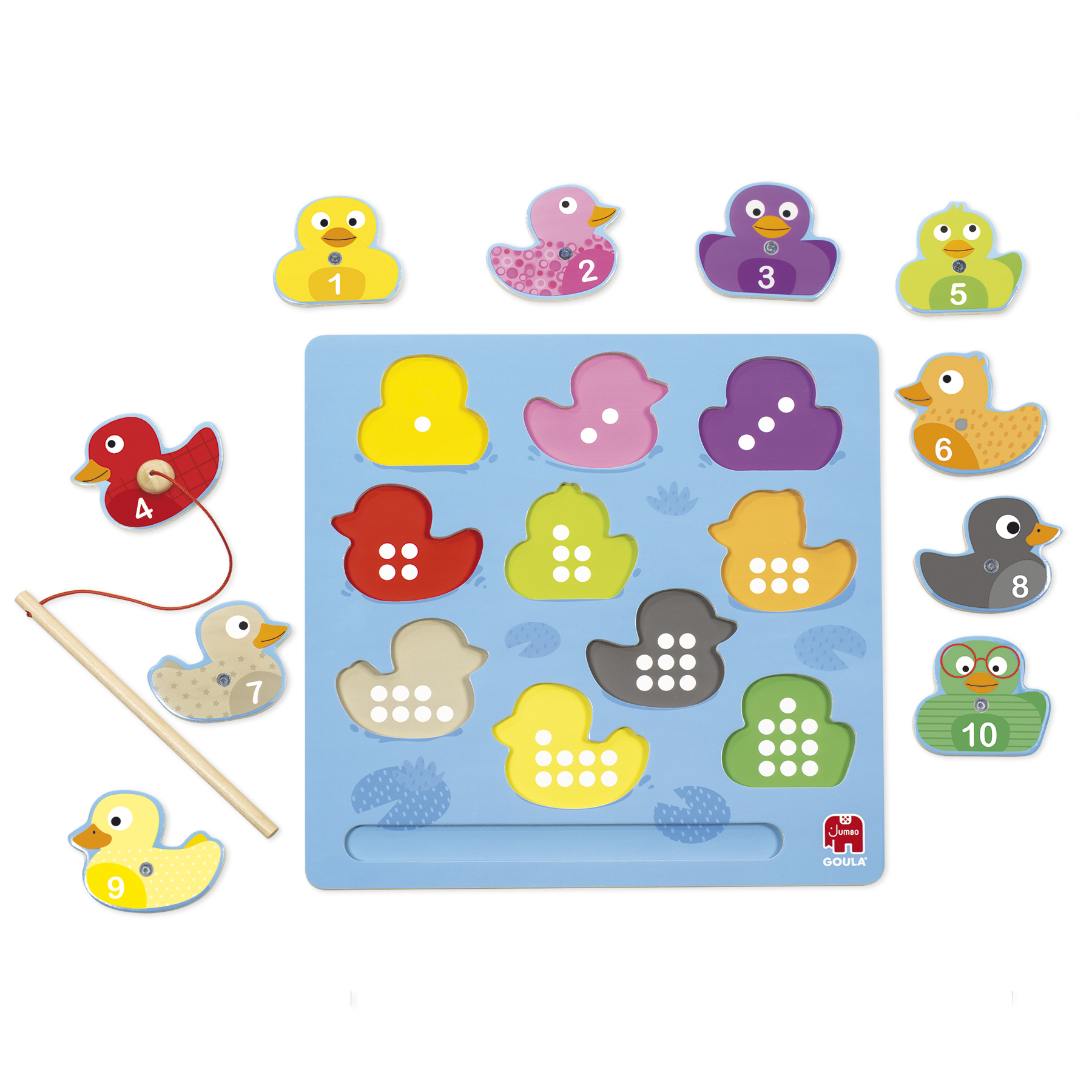 Puzzle w kształcie kaczki z ponumerowanymi kaczkami i wędką. Kaczki są żółte, różowe, fioletowe, zielone, pomarańczowe, szare i czerwone.