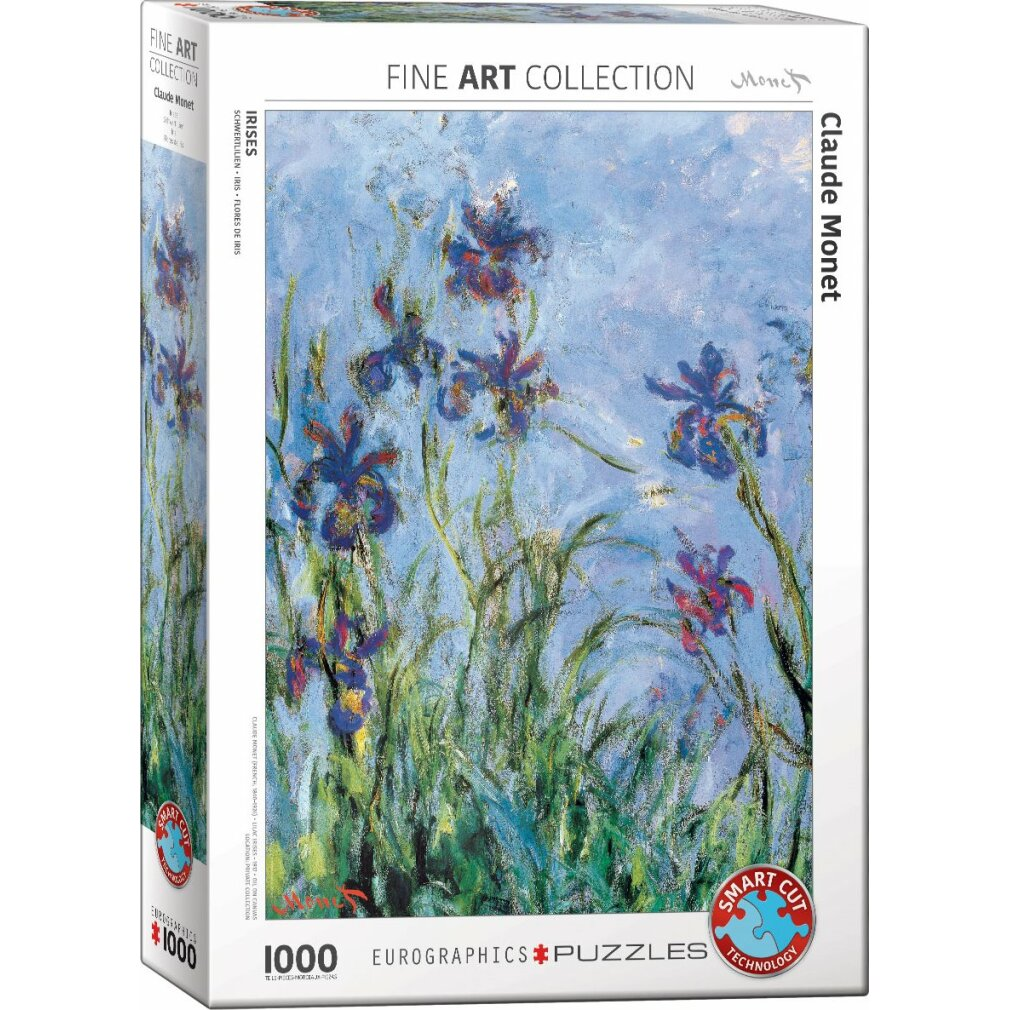 Puzzledose mit Monets Irismalerei. Blaue Irisblüten mit grünen Stängeln vor blauem Hintergrund. Die Box hat Text auf Englisch.