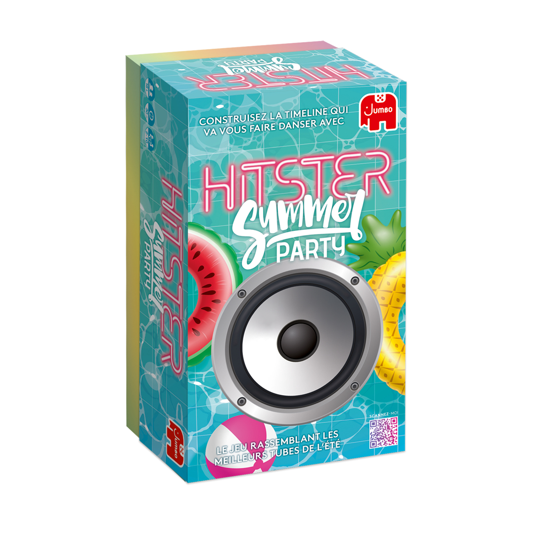 Doos van Hitster Summer Party. Toont een luidspreker, watermeloen, ananas en een roze bal. De doos is turquoise.