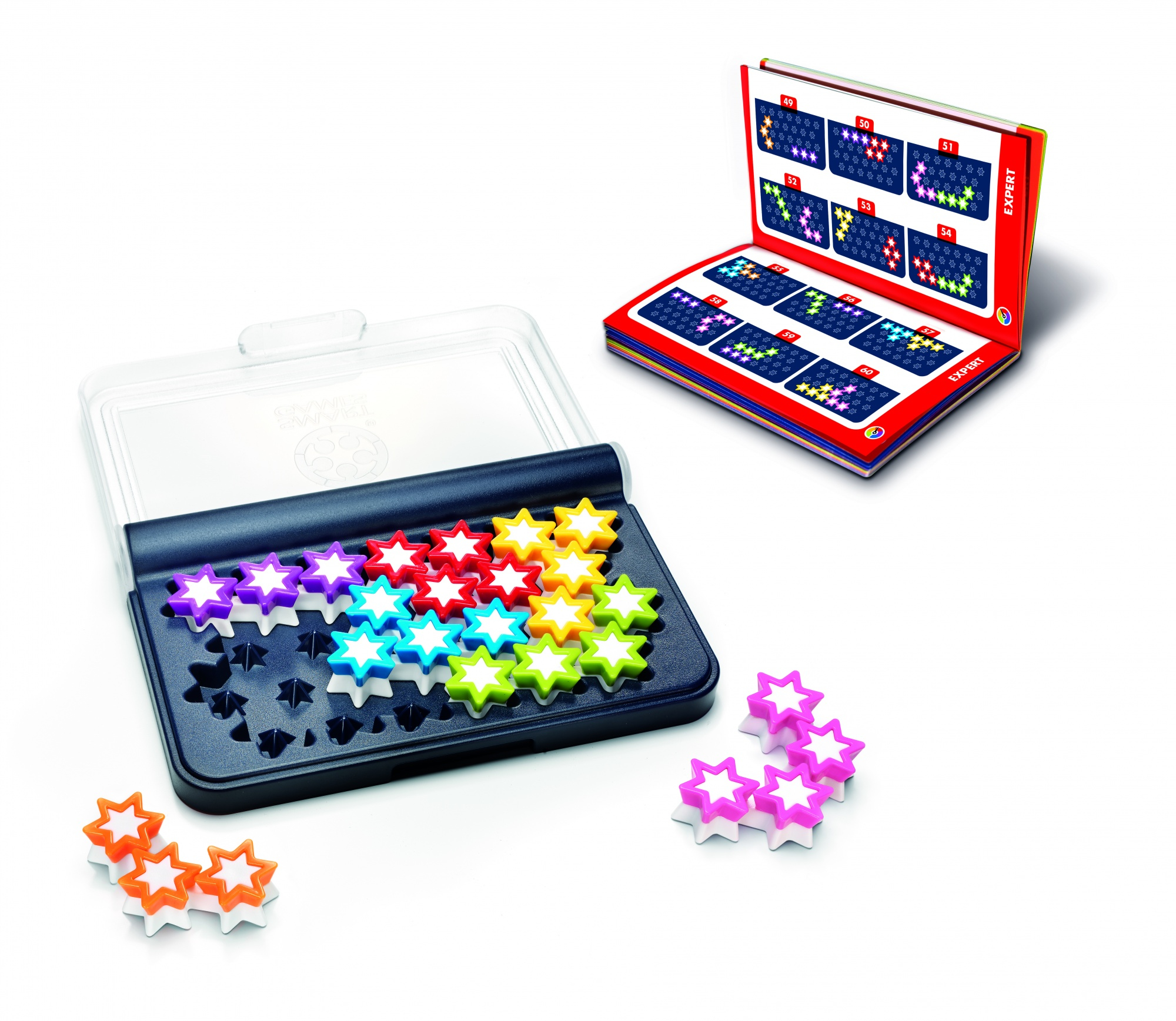 Un juego de rompecabezas con piezas de estrella de colores, un tablero y un folleto. Las estrellas son rosas, naranjas, amarillas y azules.