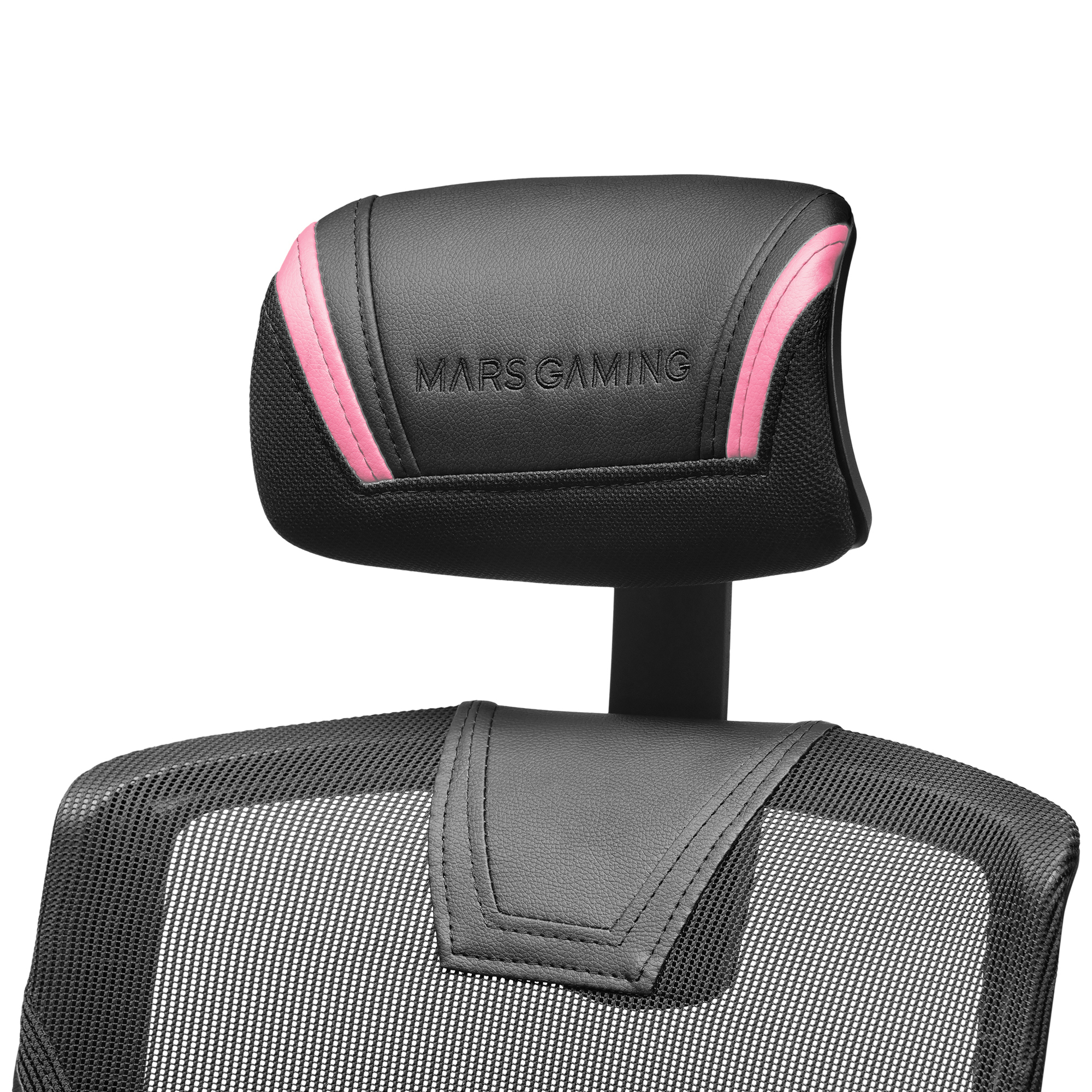 Reposacabezas negro de silla gaming con detalles rosas y logo MARS GAMING. Respaldo de malla visible.