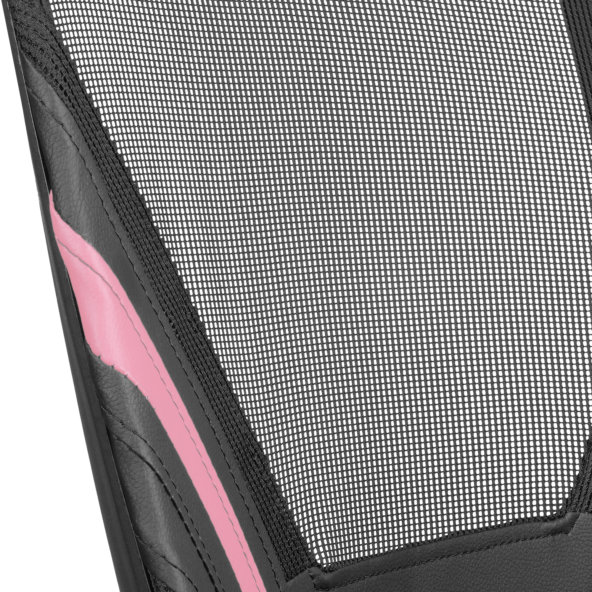 Primer plano de una silla negra con raya rosa y malla. La malla es negra y la raya rosa.