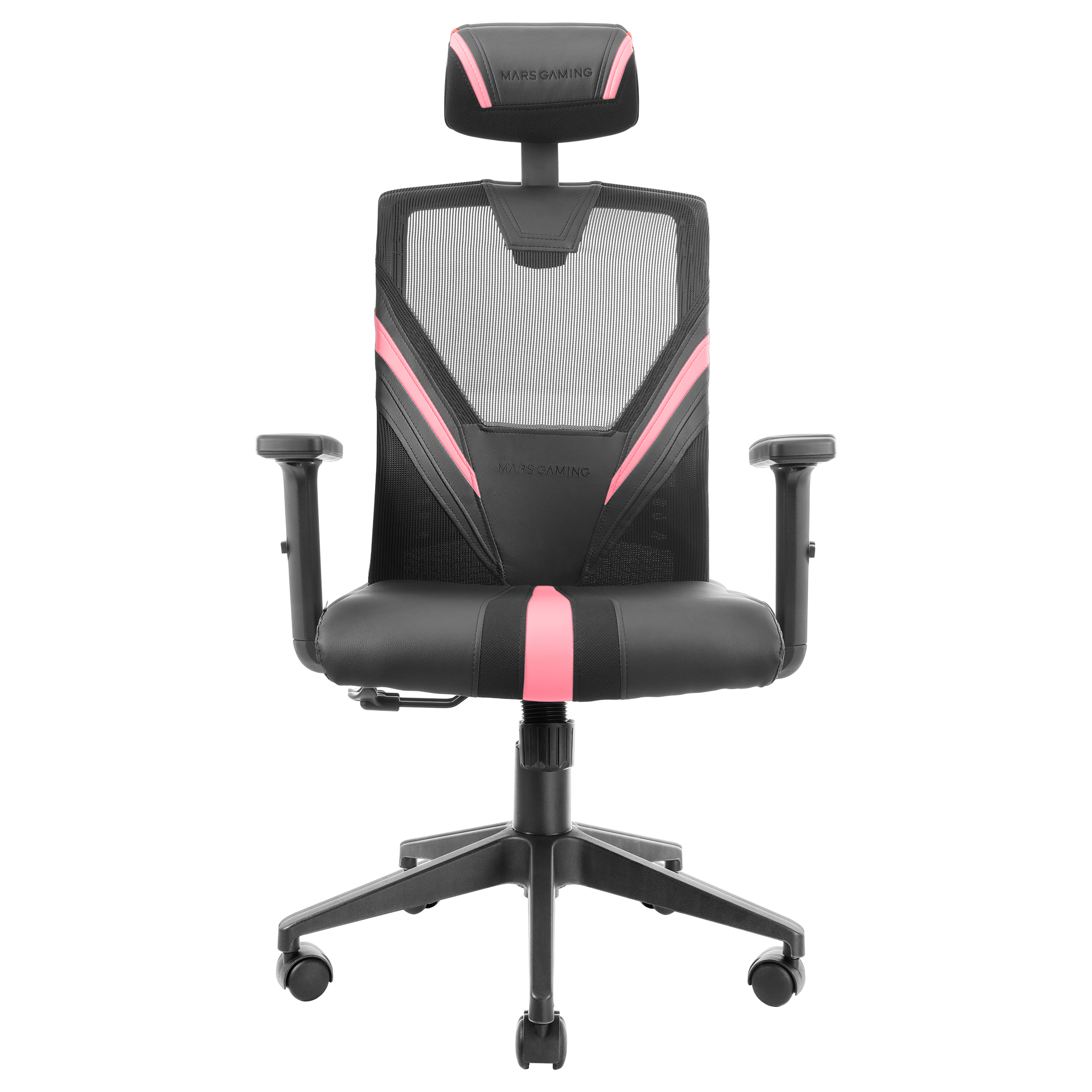 Silla gaming negra con detalles rosas. Tiene reposacabezas, respaldo de malla, reposabrazos y base de cinco estrellas con ruedas.
