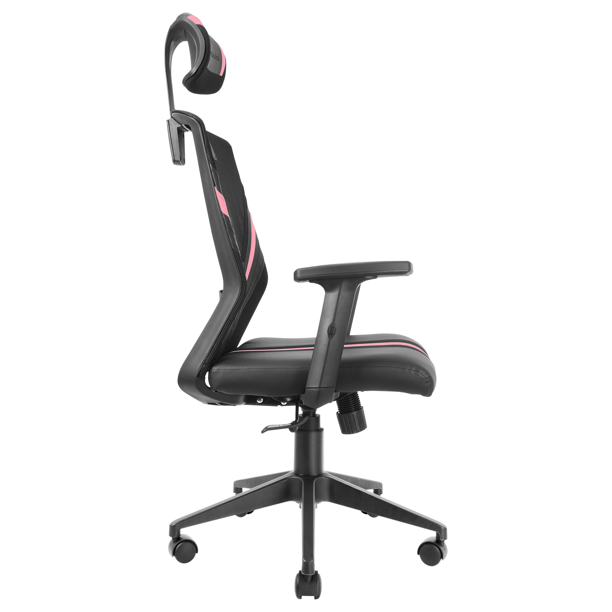 Silla gaming negra y rosa. Tiene reposacabezas, reposabrazos y base de cinco ruedas. Sobre fondo blanco.