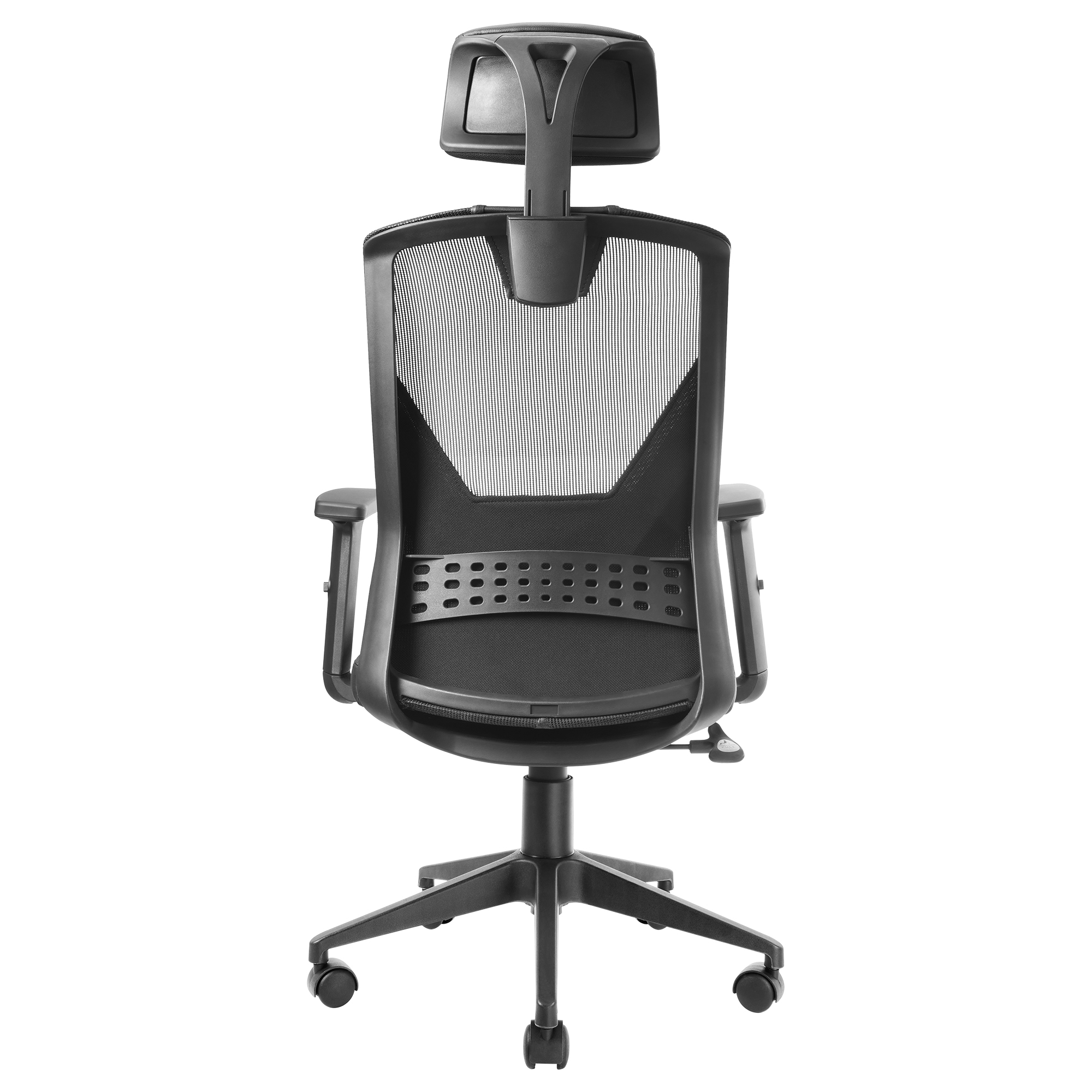 Silla de oficina negra con reposacabezas, respaldo de malla, apoyabrazos y base de cinco estrellas con ruedas, fondo blanco.
