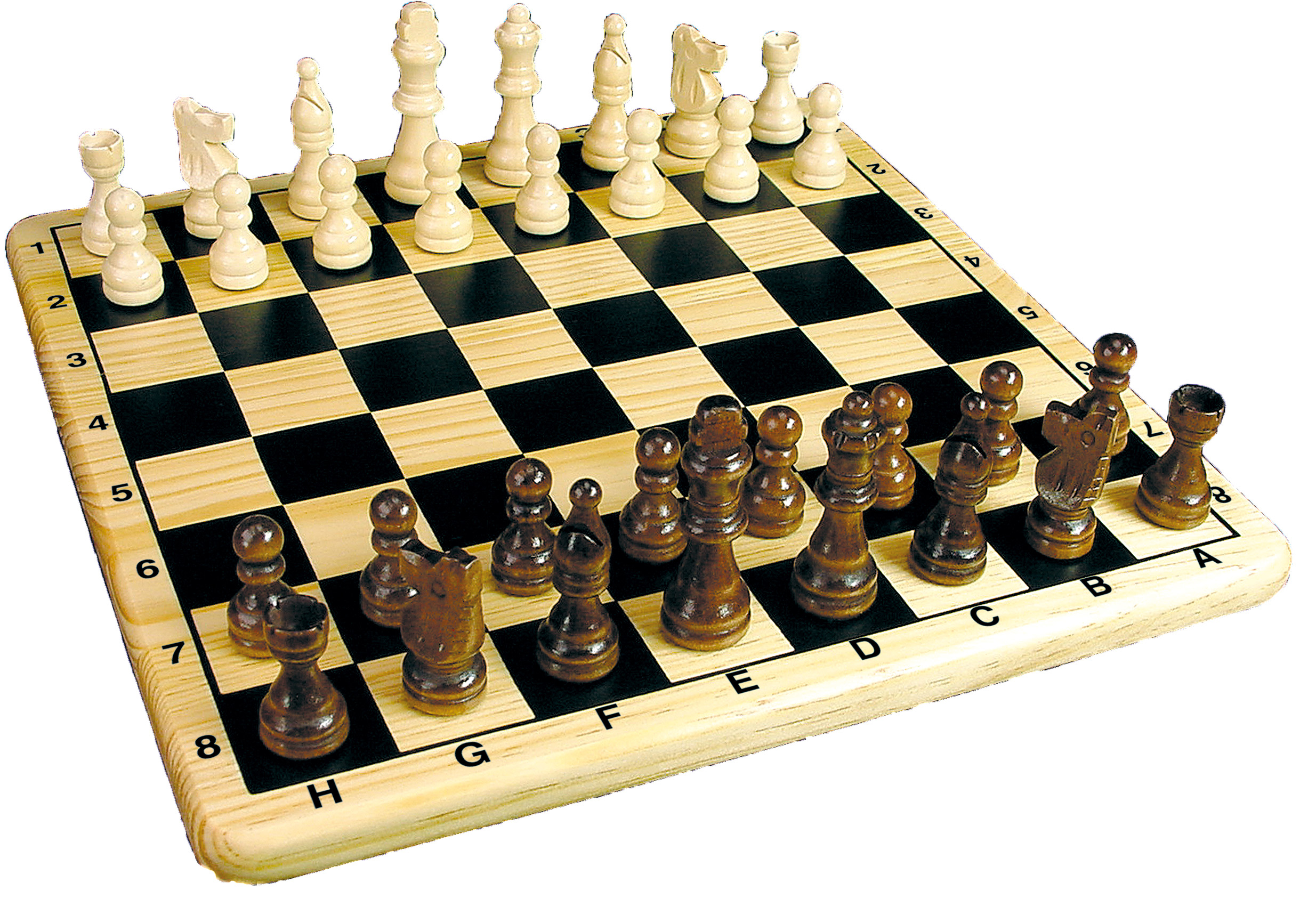 Schachbrett mit Schachfiguren. Weiße Figuren stehen auf schwarzen Feldern. Braune Figuren stehen auf der anderen Seite.