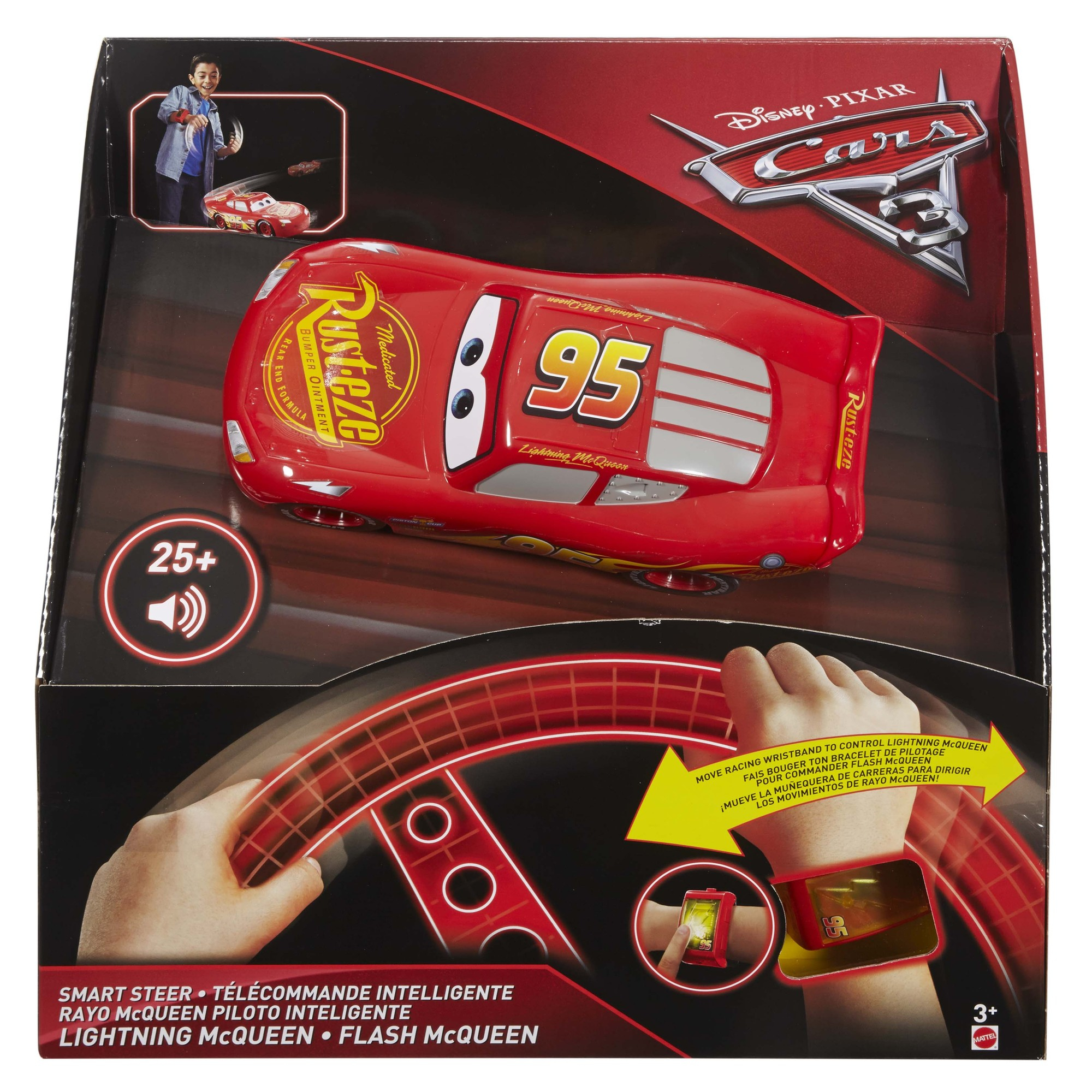 Pudełko z zabawką Lightning McQueen z pilotem, logo Disney Pixar Cars.