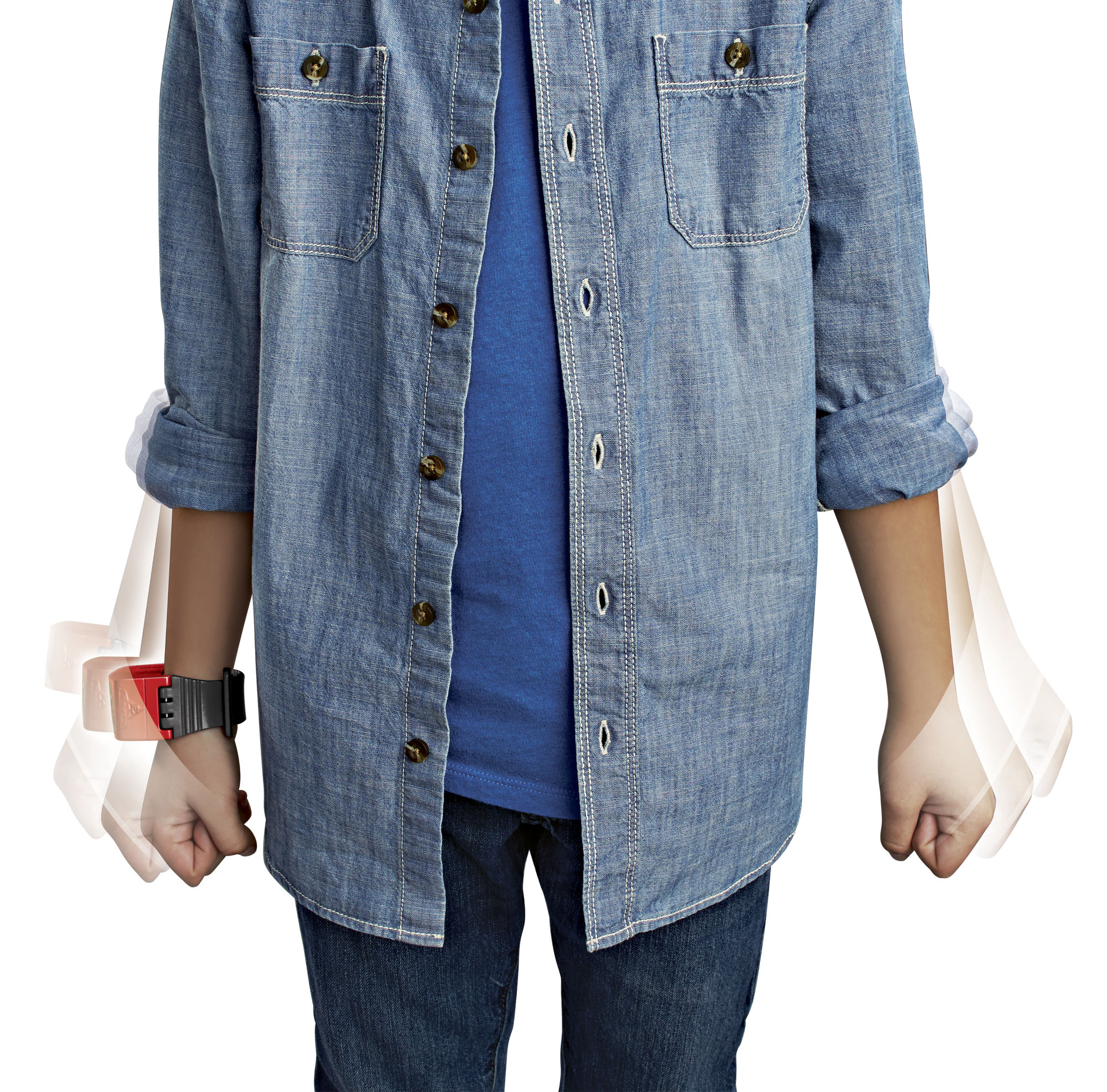 Osoba w dżinsowej koszuli i dżinsach z czerwono-czarnym urządzeniem na nadgarstku. Zaciśnięte dłonie.