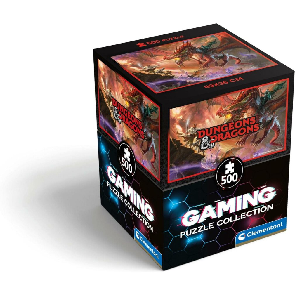 Pudełko z puzzlami Dungeons & Dragons. Zawiera smoki i fantastyczne sceny. Na pudełku napisano 'Gaming Puzzle Collection' i '500 Puzzle'.