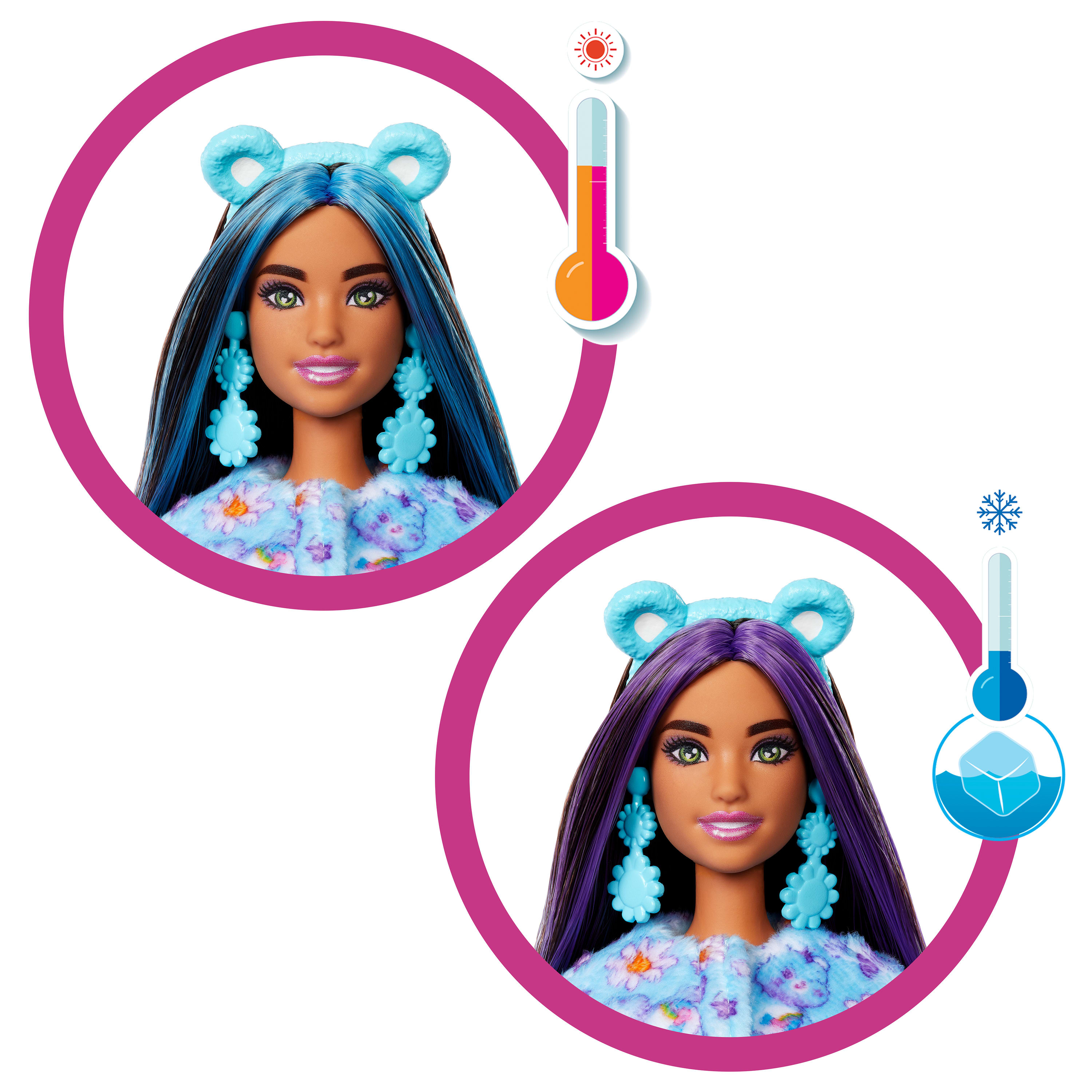 Barbie-Puppe mit blauem und lila Haar. Thermometer zeigen heiß und kalt an. Ohrringe und floraler Mantel. Pinkfarbener Kreisrahmen.