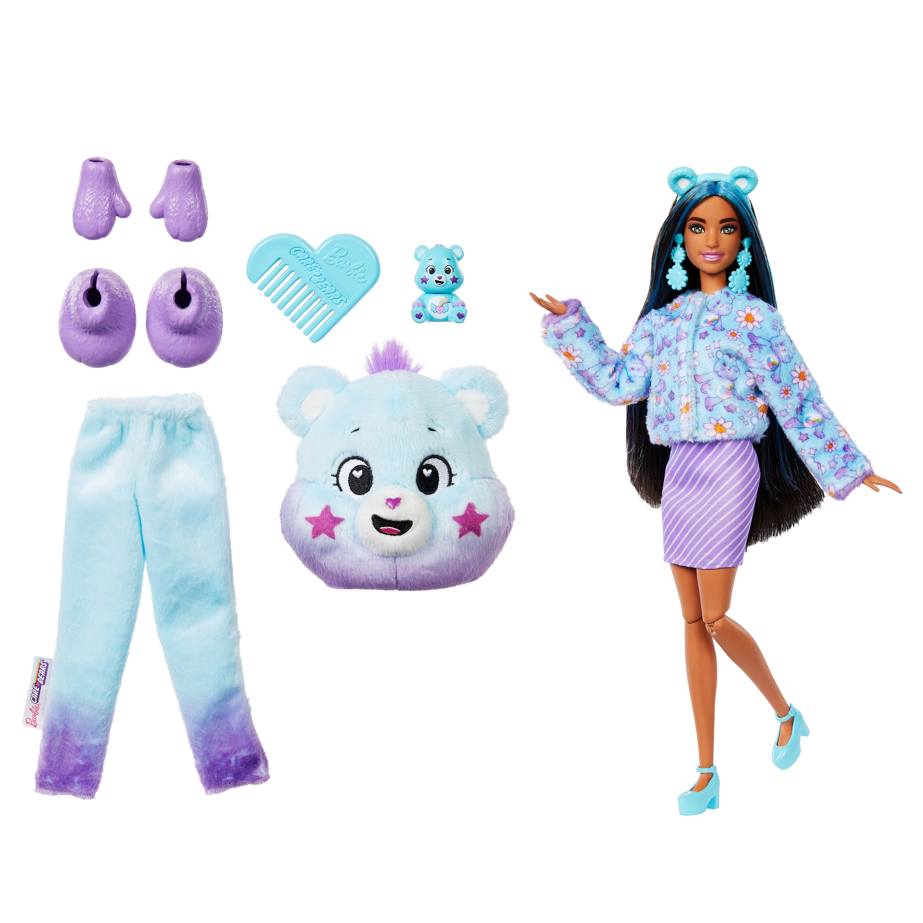 Eine Barbie-Puppe mit Zubehör. Enthält einen Plüschbärenkopf, Hose, Schuhe, Kamm, eine kleine Bärenfigur und Zubehör.