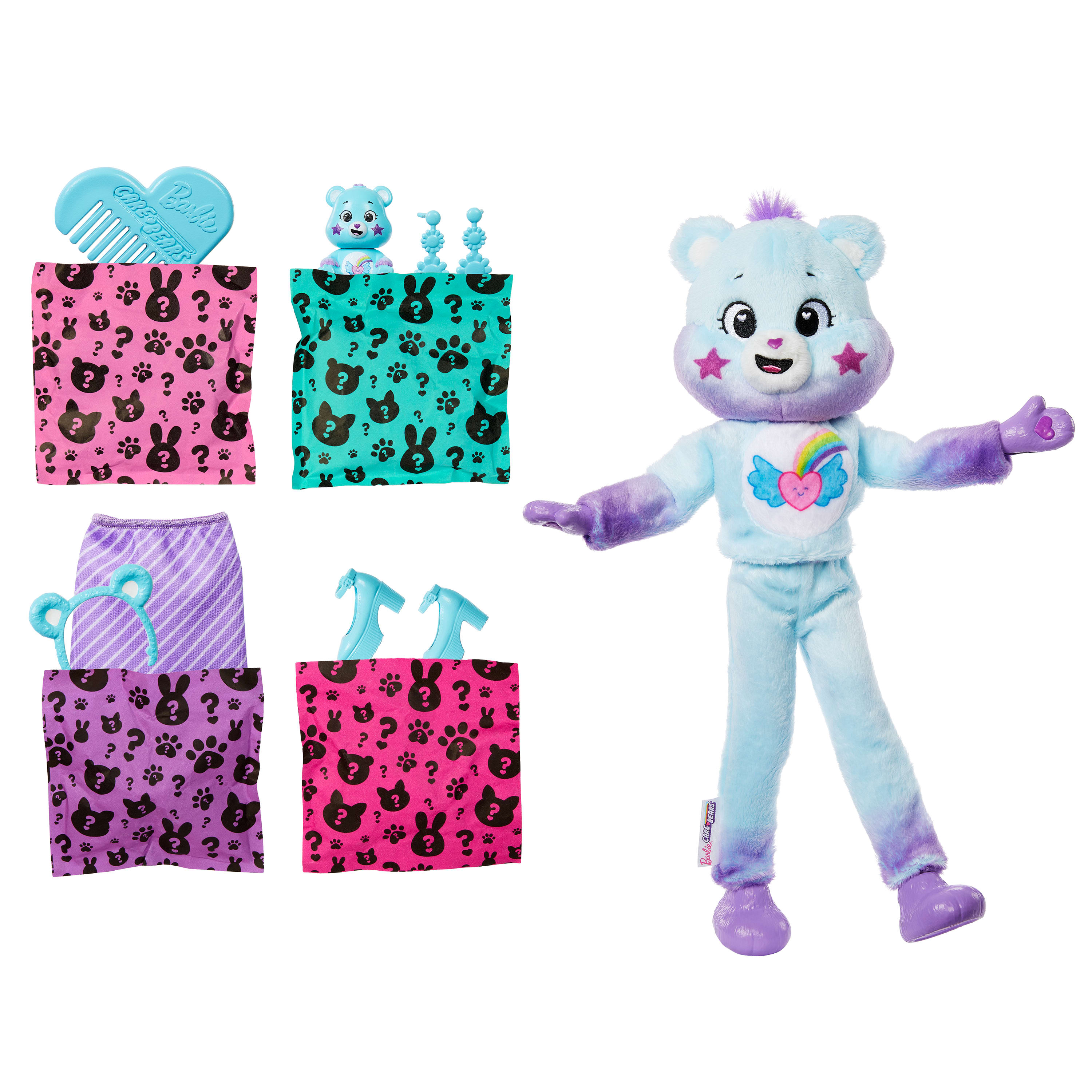 Eine Care Bear-Puppe mit Zubehör. Der Bär ist blau mit lila Akzenten. Zum Zubehör gehören Kleidung und ein Kamm.